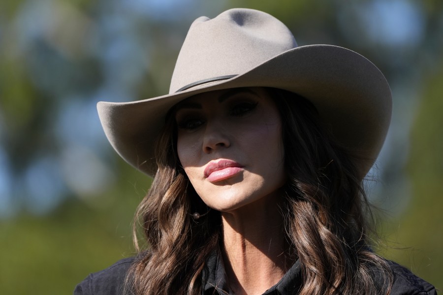U.S. Homeland Security Secretary Kristi Noem sits on a horse as she speaks to the press upon arrival to the Campo De Mayo Military Base in Buenos Aires province, Argentina, Monday, July 28, 2025. (AP Photo/Alex Brandon, Pool)