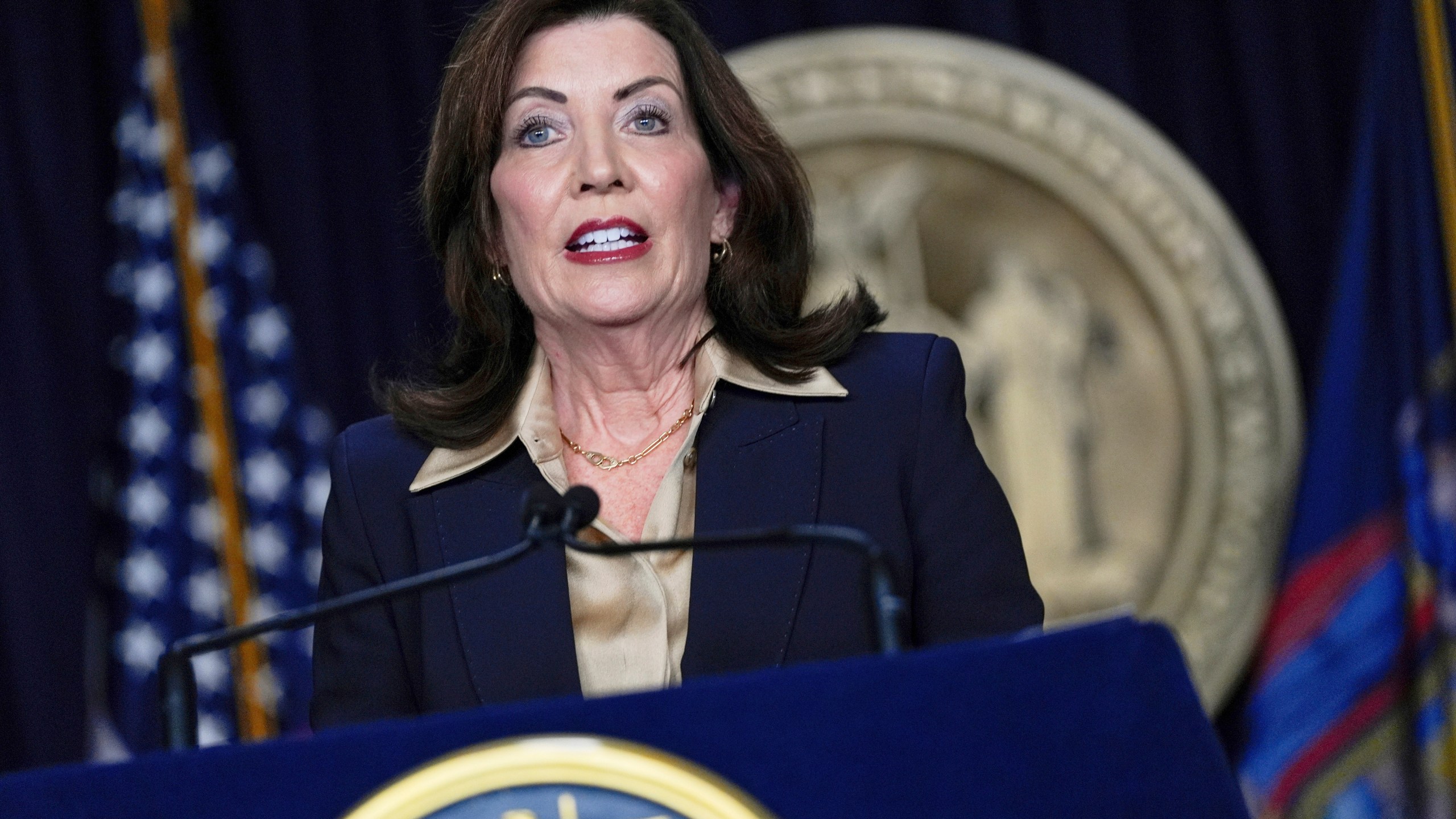 FILE - New York Gov. Kathy Hochul speaks at a news conference, Feb. 20, 2025, in New York. (AP Photo/Julia Demaree Nikhinson, File)