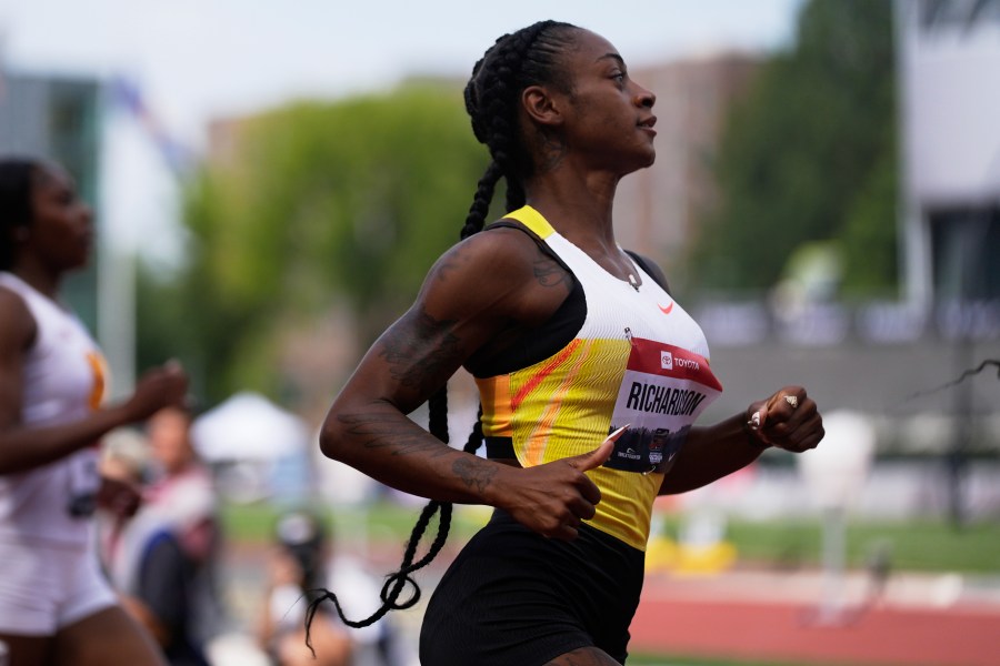 Sha'Carri Richardson reacts after the first heat in the first round of the women's 100-meter at the U.S. Championships athletics meet in Eugene, Ore., Thursday, July 31, 2025. (AP Photo/Abbie Parr)