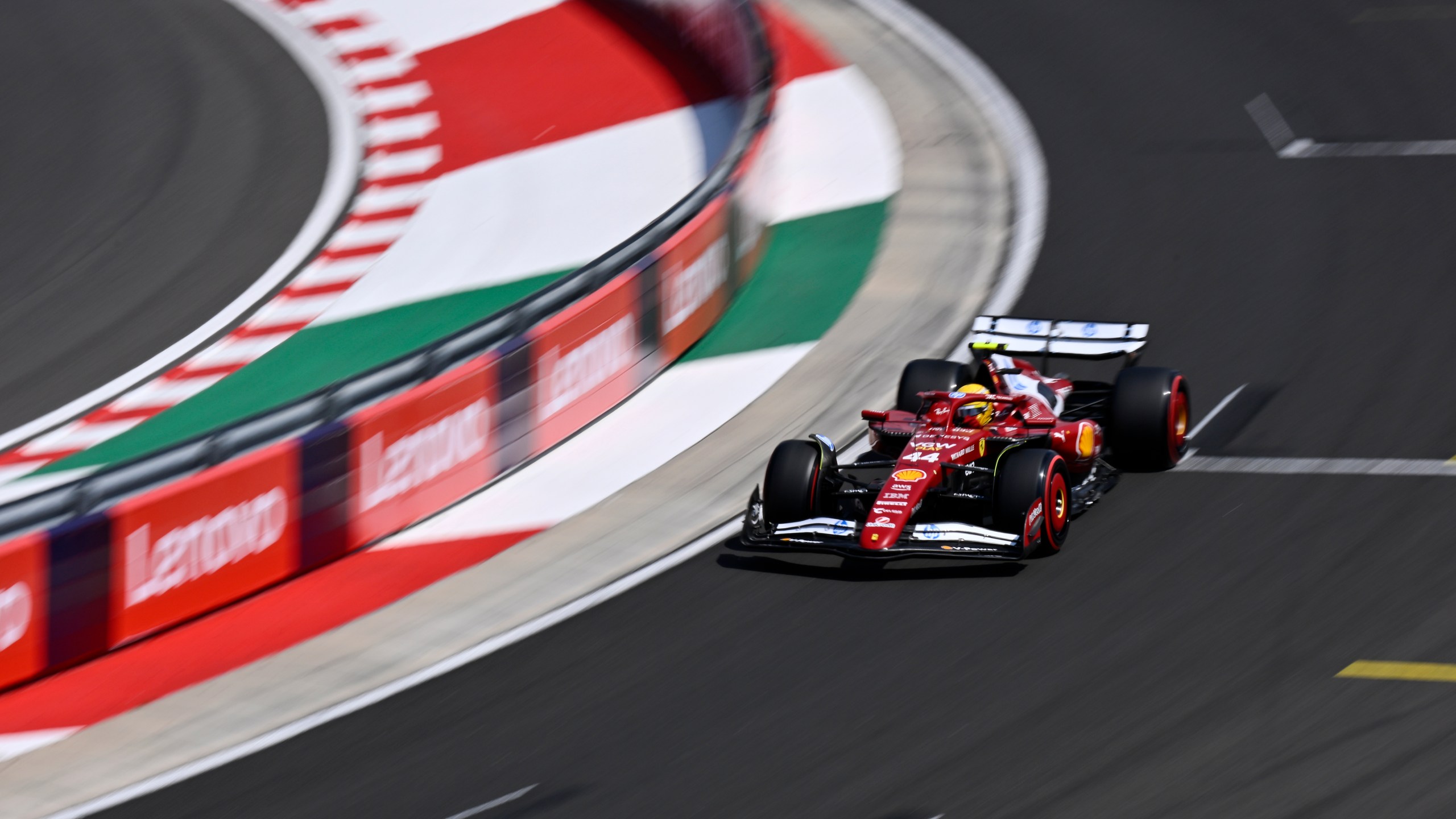 Ferrari driver Lewis Hamilton of Britain steers his car during the third free practice at the Hungaroring racetrack in Mogyorod, Hungary, Saturday, Aug. 2, 2025, ahead of the Hungarian Formula One Grand Prix. (AP Photo/Denes Erdos)