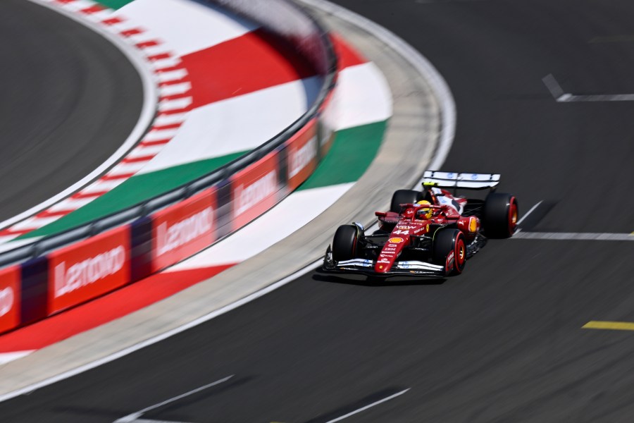 Ferrari driver Lewis Hamilton of Britain steers his car during the third free practice at the Hungaroring racetrack in Mogyorod, Hungary, Saturday, Aug. 2, 2025, ahead of the Hungarian Formula One Grand Prix. (AP Photo/Denes Erdos)