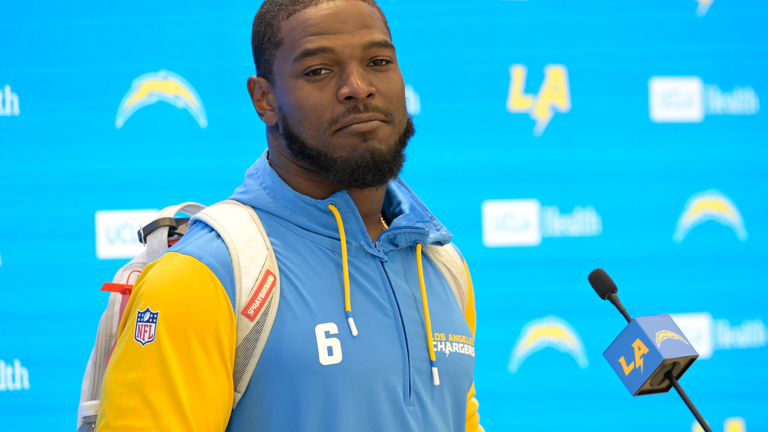 FILE - Los Angeles Chargers linebacker Denzel Perryman speaks with the media during NFL football practice Tuesday, May 20, 2025, in El Segundo, Calif. (AP Photo/Jayne Kamin-Oncea, File)