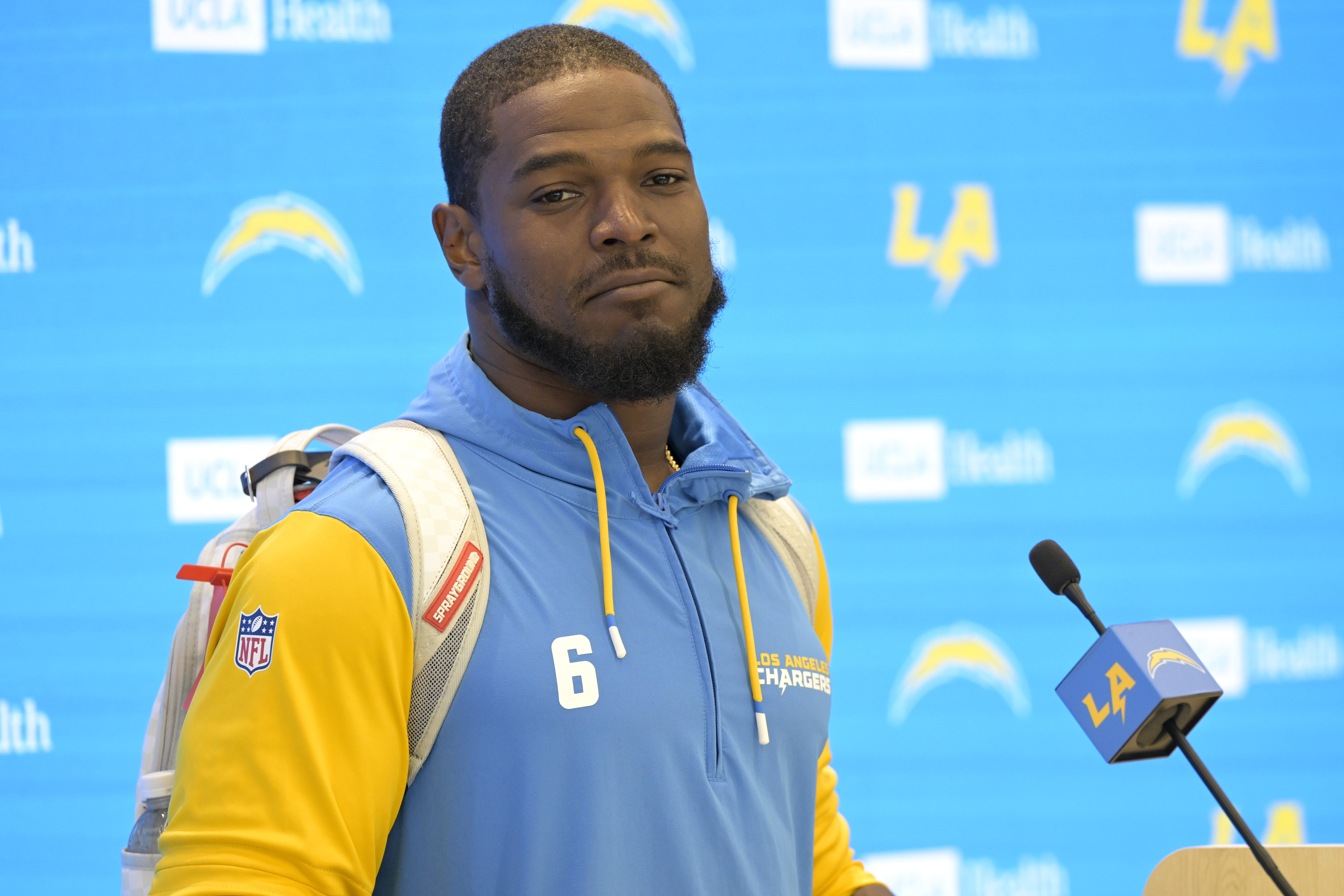 FILE - Los Angeles Chargers linebacker Denzel Perryman speaks with the media during NFL football practice Tuesday, May 20, 2025, in El Segundo, Calif. (AP Photo/Jayne Kamin-Oncea, File)