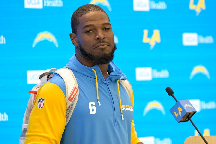 FILE - Los Angeles Chargers linebacker Denzel Perryman speaks with the media during NFL football practice Tuesday, May 20, 2025, in El Segundo, Calif. (AP Photo/Jayne Kamin-Oncea, File)