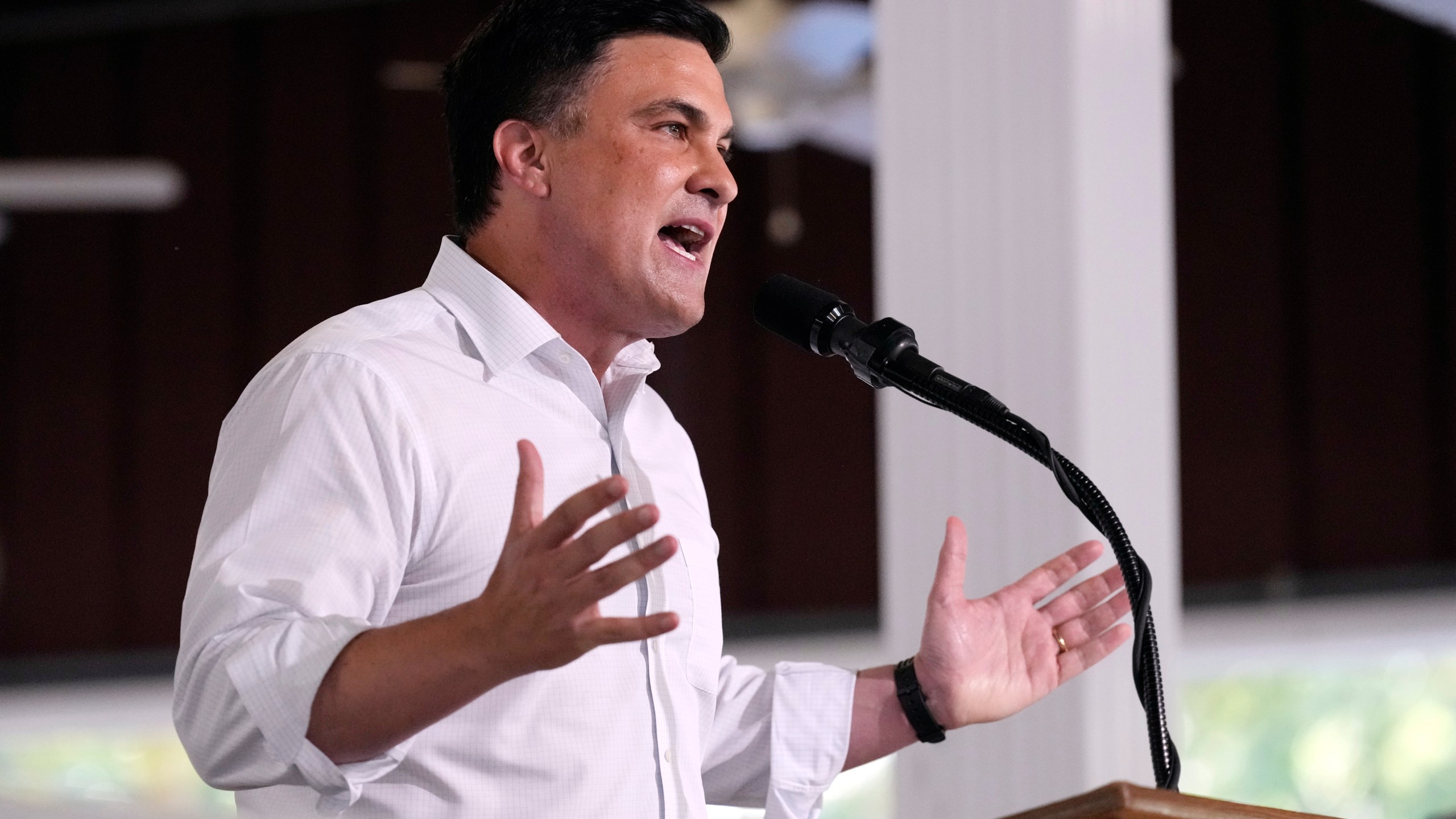 Lexington tech entrepreneur Nate Morris speaks at the annual Fancy Farm picnic Saturday, Aug. 2, 2025, in Fancy Farm, Ky. (AP Photo/Mark Humphrey)