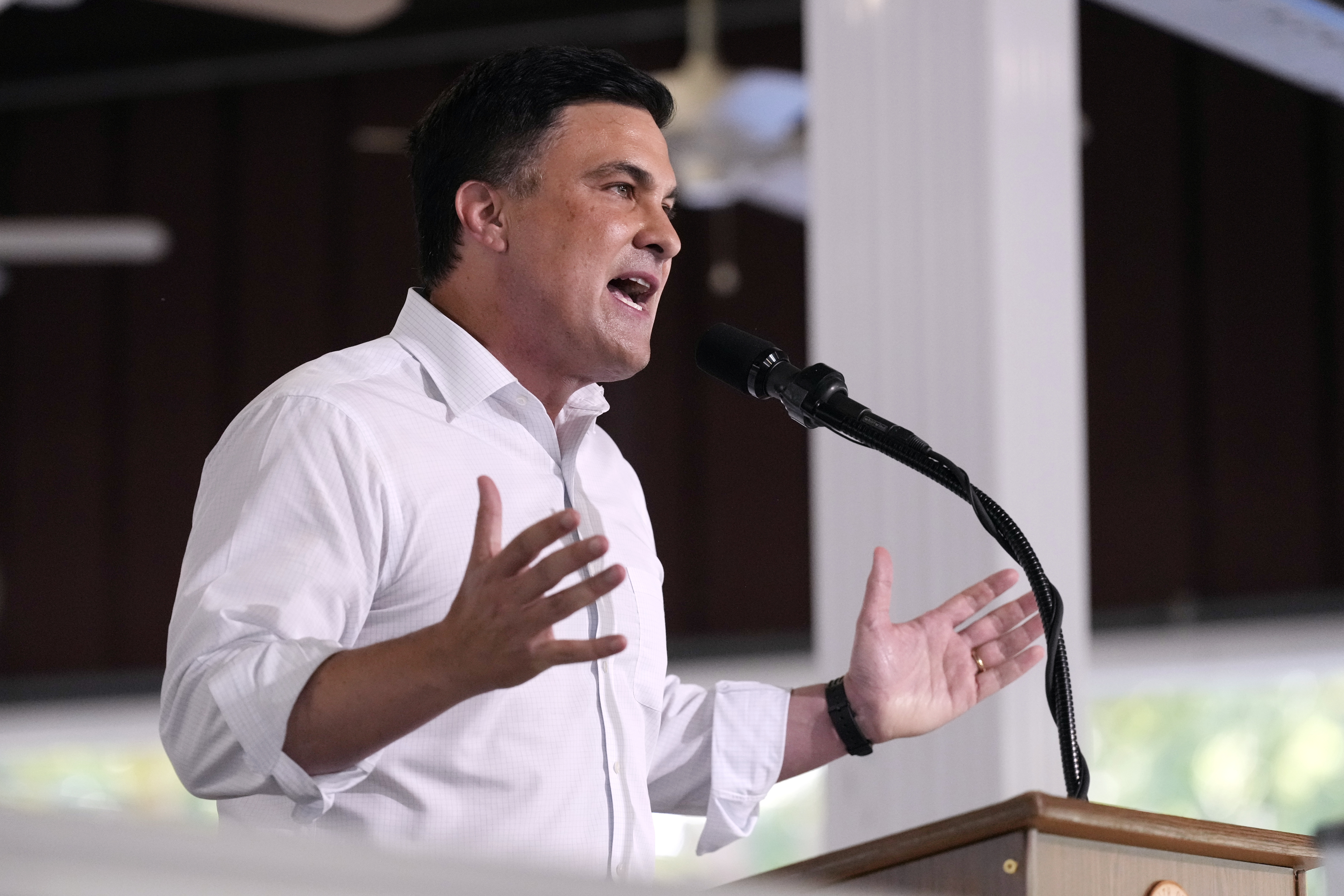 Lexington tech entrepreneur Nate Morris speaks at the annual Fancy Farm picnic Saturday, Aug. 2, 2025, in Fancy Farm, Ky. (AP Photo/Mark Humphrey)
