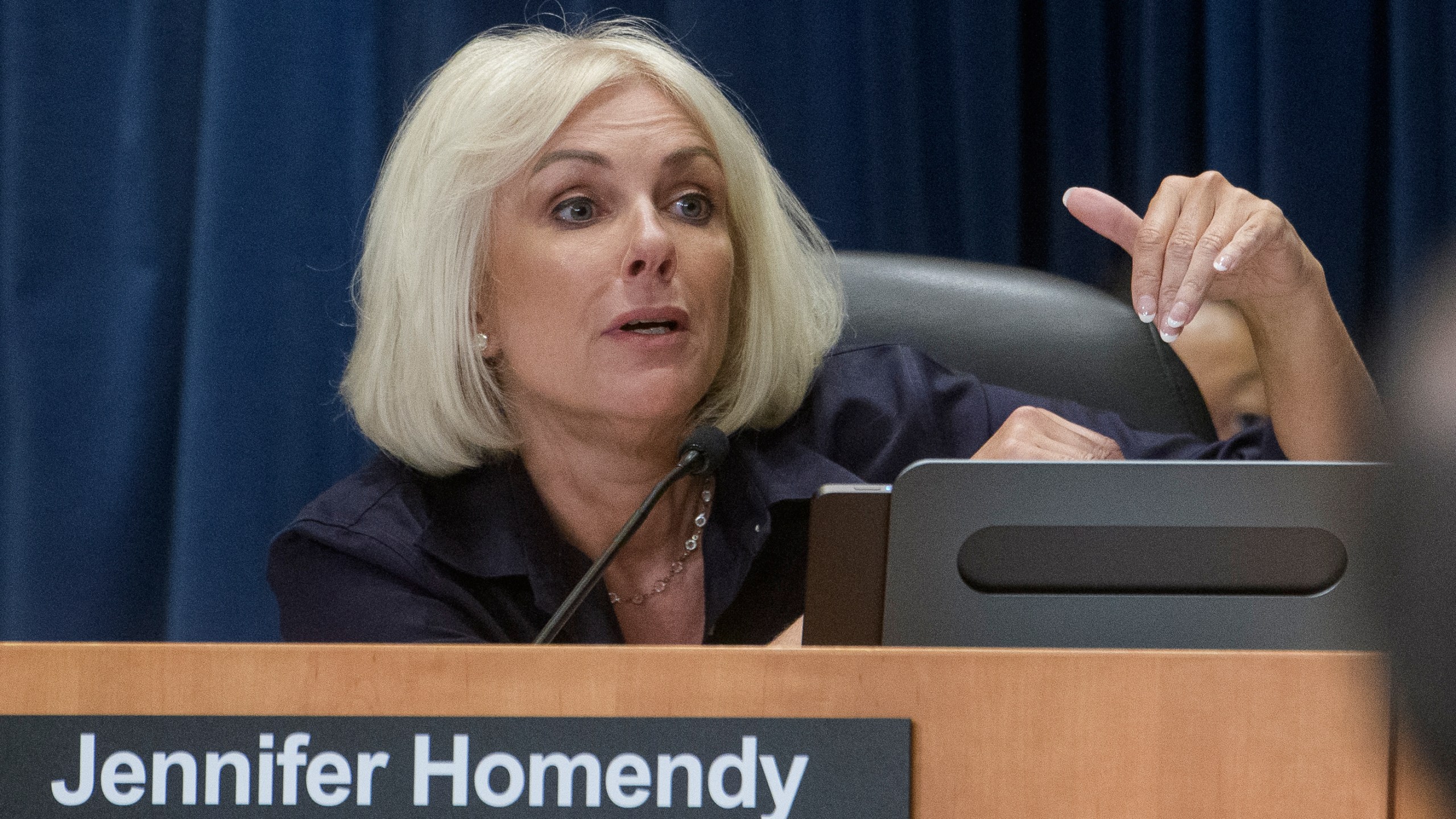 National Transportation Safety Board Chairwoman Jennifer Homendy presides over the NTSB fact-finding hearing on the DCA midair collision accident, at the National Transportation and Safety Board boardroom, Wednesday, July 30, 2025, in Washington. (AP Photo/Rod Lamkey, Jr.)