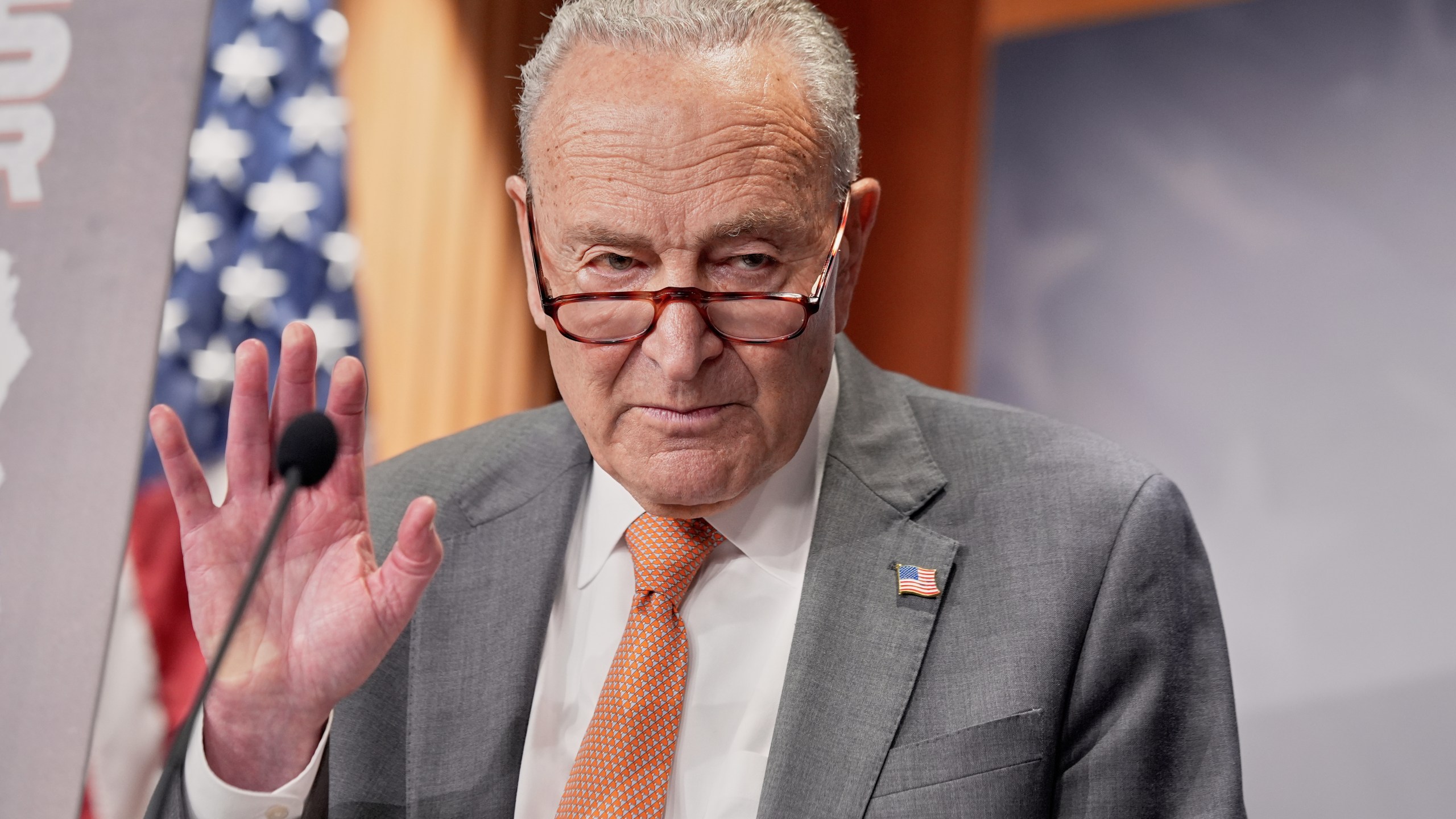 Sen. Minority Leader Chuck Schumer of N.Y., speaks during a news conference on tariffs, Thursday, July 31, 2025, in Washington. (AP Photo/Mariam Zuhaib)