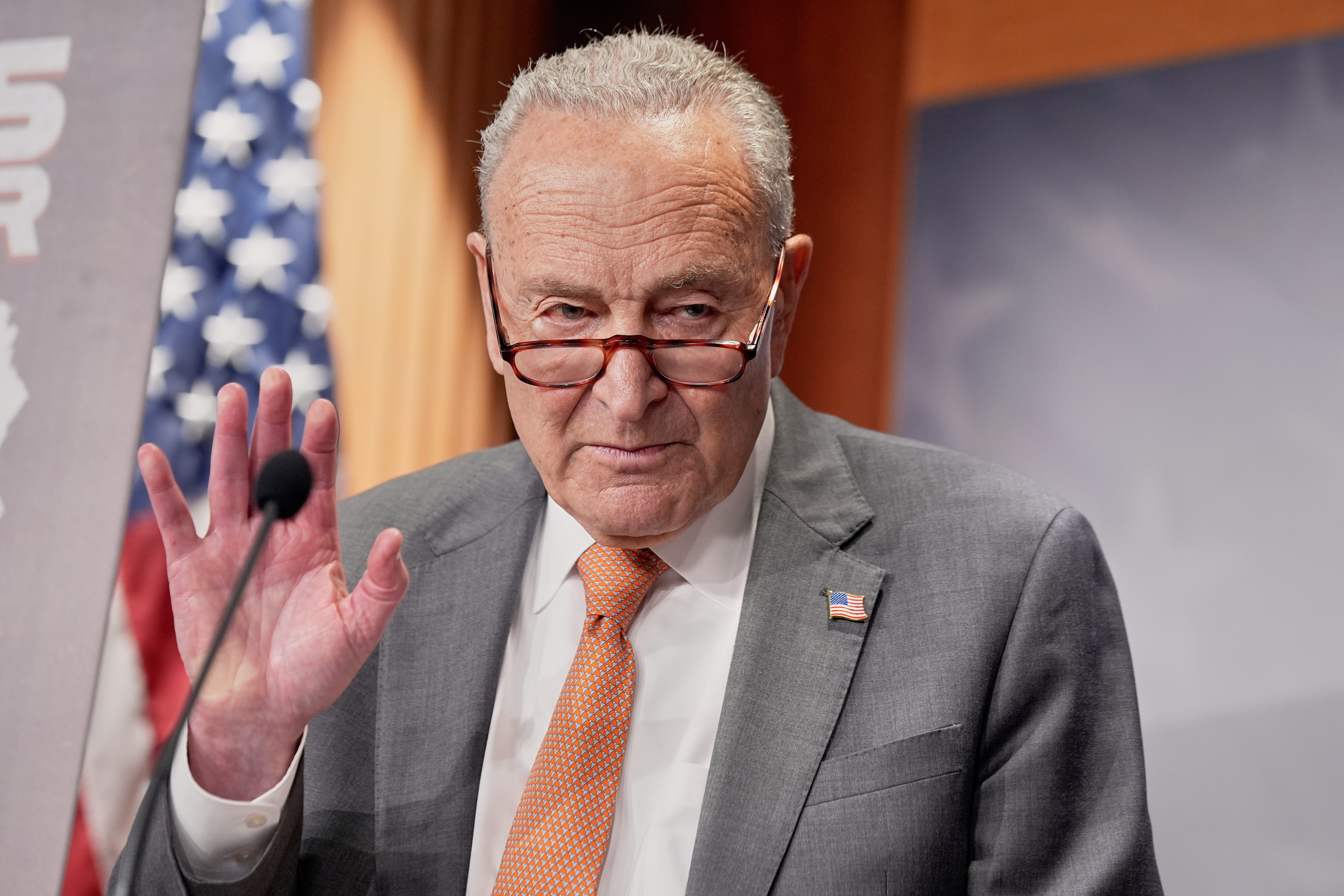 Sen. Minority Leader Chuck Schumer of N.Y., speaks during a news conference on tariffs, Thursday, July 31, 2025, in Washington. (AP Photo/Mariam Zuhaib)