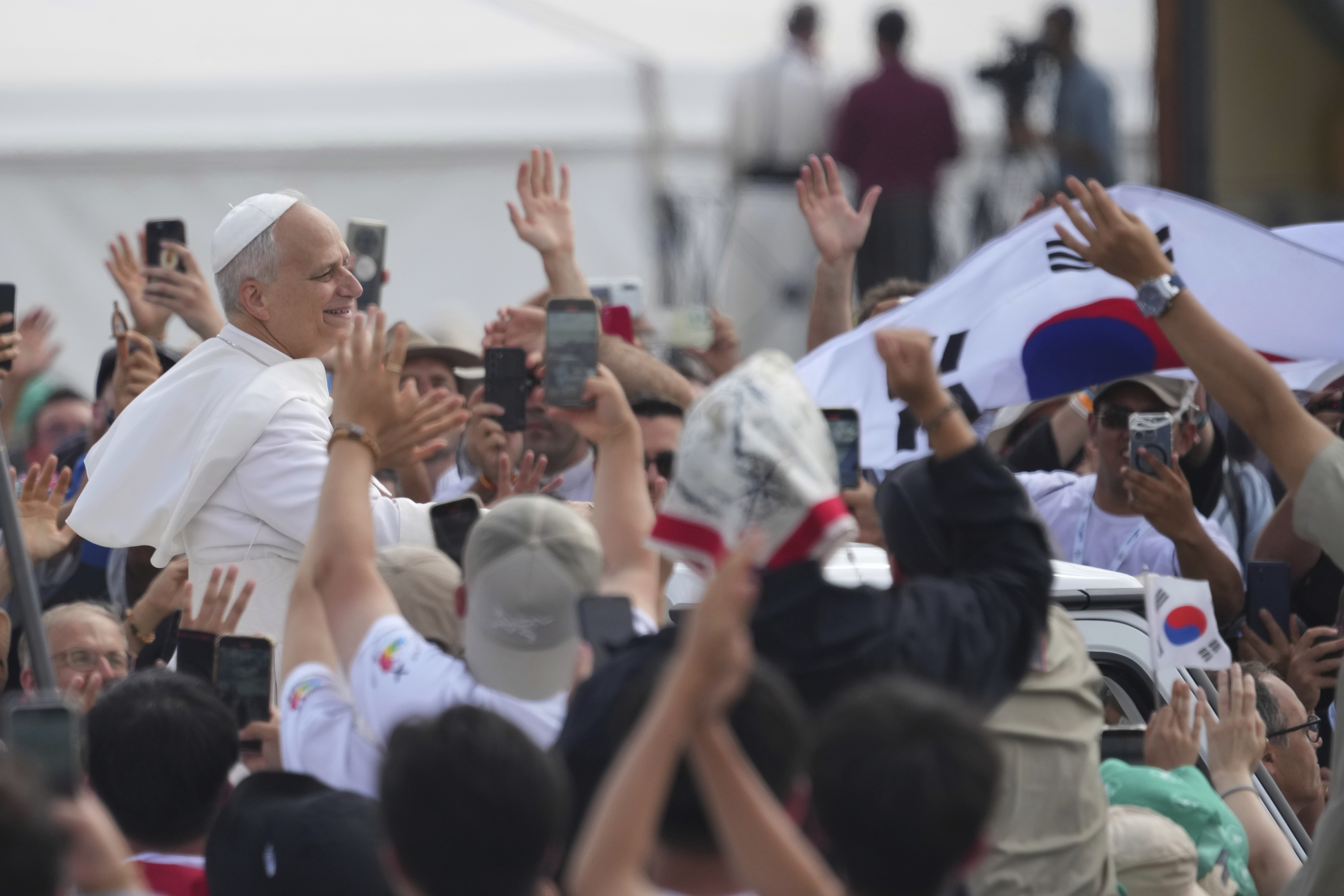 Pope Leo XIV leaves at the end of a Mass with young people participating in the Youths Jubilee at the Tor Vergata field in Rome, Sunday, Aug. 3, 2025. (AP Photo/Andrew Medichini)