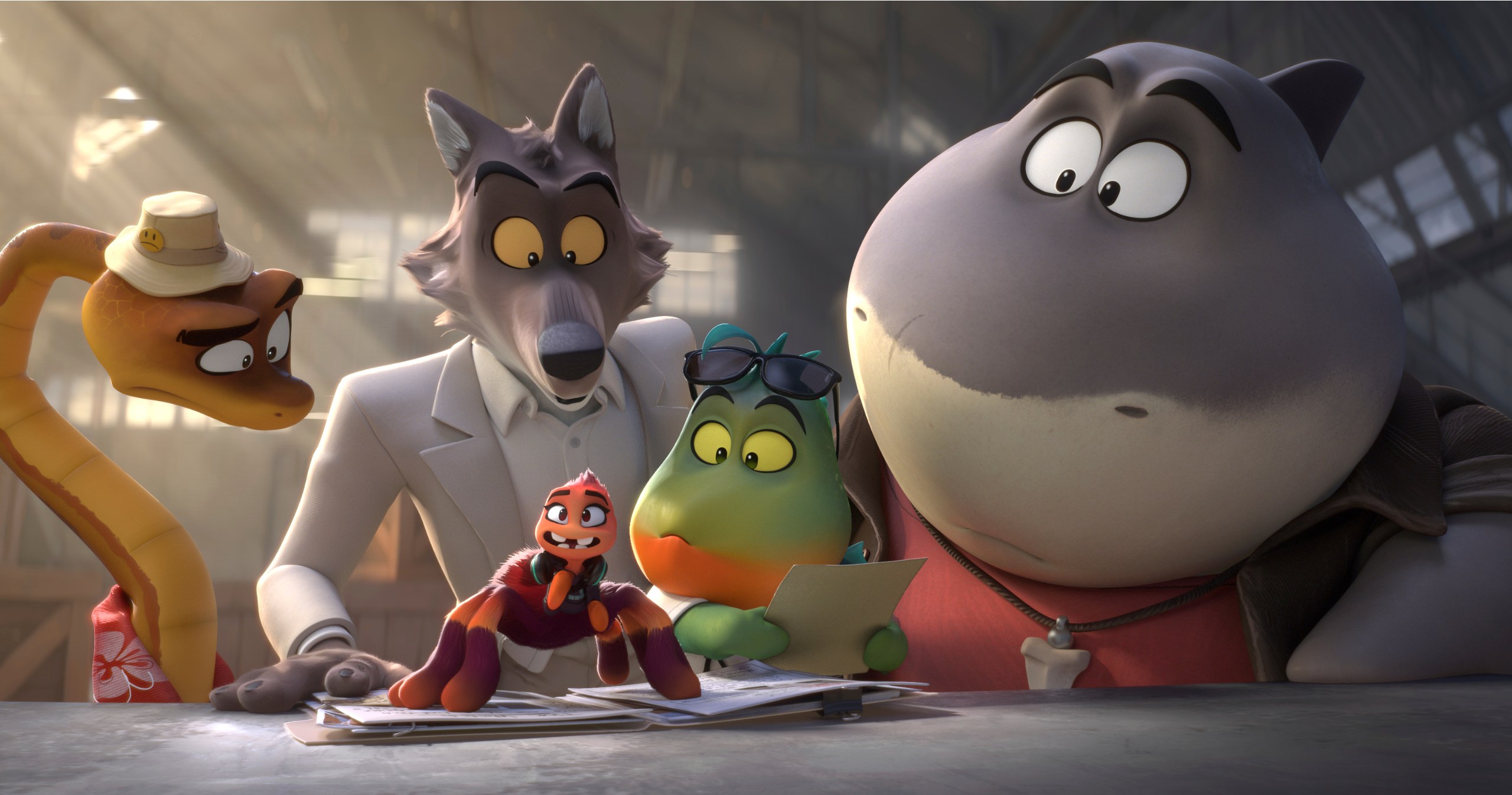 This image released by Universal Pictures shows characters, from left, Mr. Snake, voiced by Marc Maron, Mr. Wolf, voiced by Sam Rockwell, Ms. Tarantula, voiced by Awkwafina, Mr. Piranha, voiced by Anthony Ramos, and Mr. Shark, voiced by Craig Robinson, in a scene from "The Bad Guys 2." (DreamWorks Animation/Universal Pictures via AP)