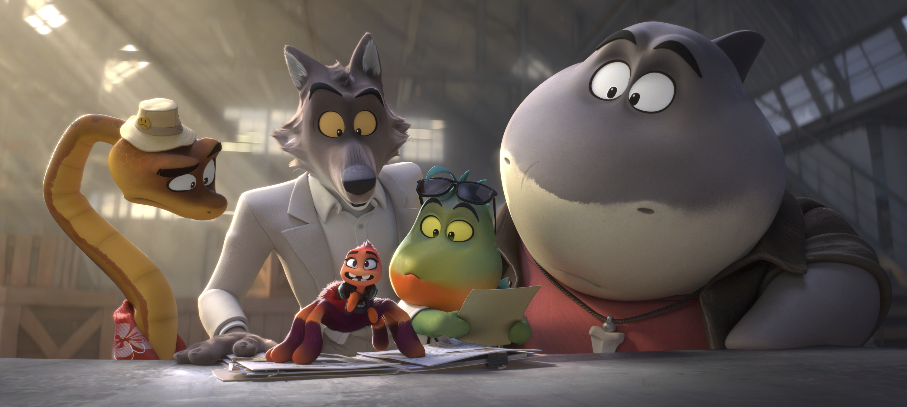 This image released by Universal Pictures shows characters, from left, Mr. Snake, voiced by Marc Maron, Mr. Wolf, voiced by Sam Rockwell, Ms. Tarantula, voiced by Awkwafina, Mr. Piranha, voiced by Anthony Ramos, and Mr. Shark, voiced by Craig Robinson, in a scene from "The Bad Guys 2." (DreamWorks Animation/Universal Pictures via AP)