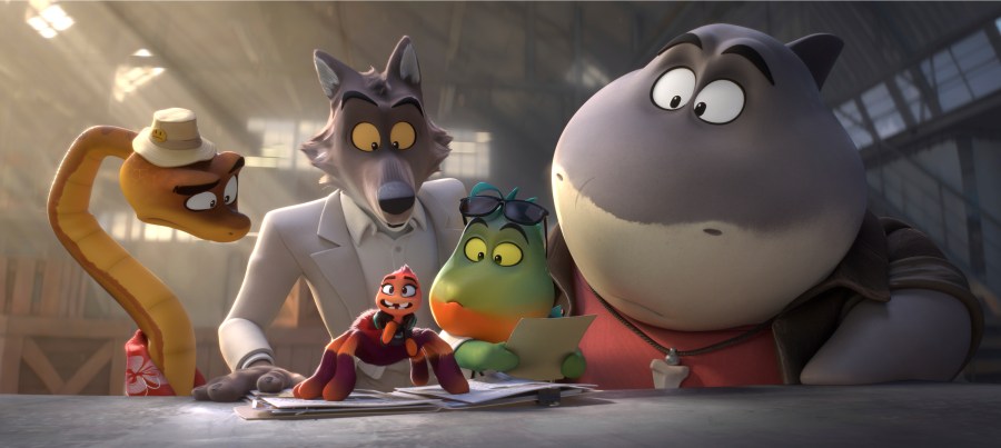 This image released by Universal Pictures shows characters, from left, Mr. Snake, voiced by Marc Maron, Mr. Wolf, voiced by Sam Rockwell, Ms. Tarantula, voiced by Awkwafina, Mr. Piranha, voiced by Anthony Ramos, and Mr. Shark, voiced by Craig Robinson, in a scene from "The Bad Guys 2." (DreamWorks Animation/Universal Pictures via AP)