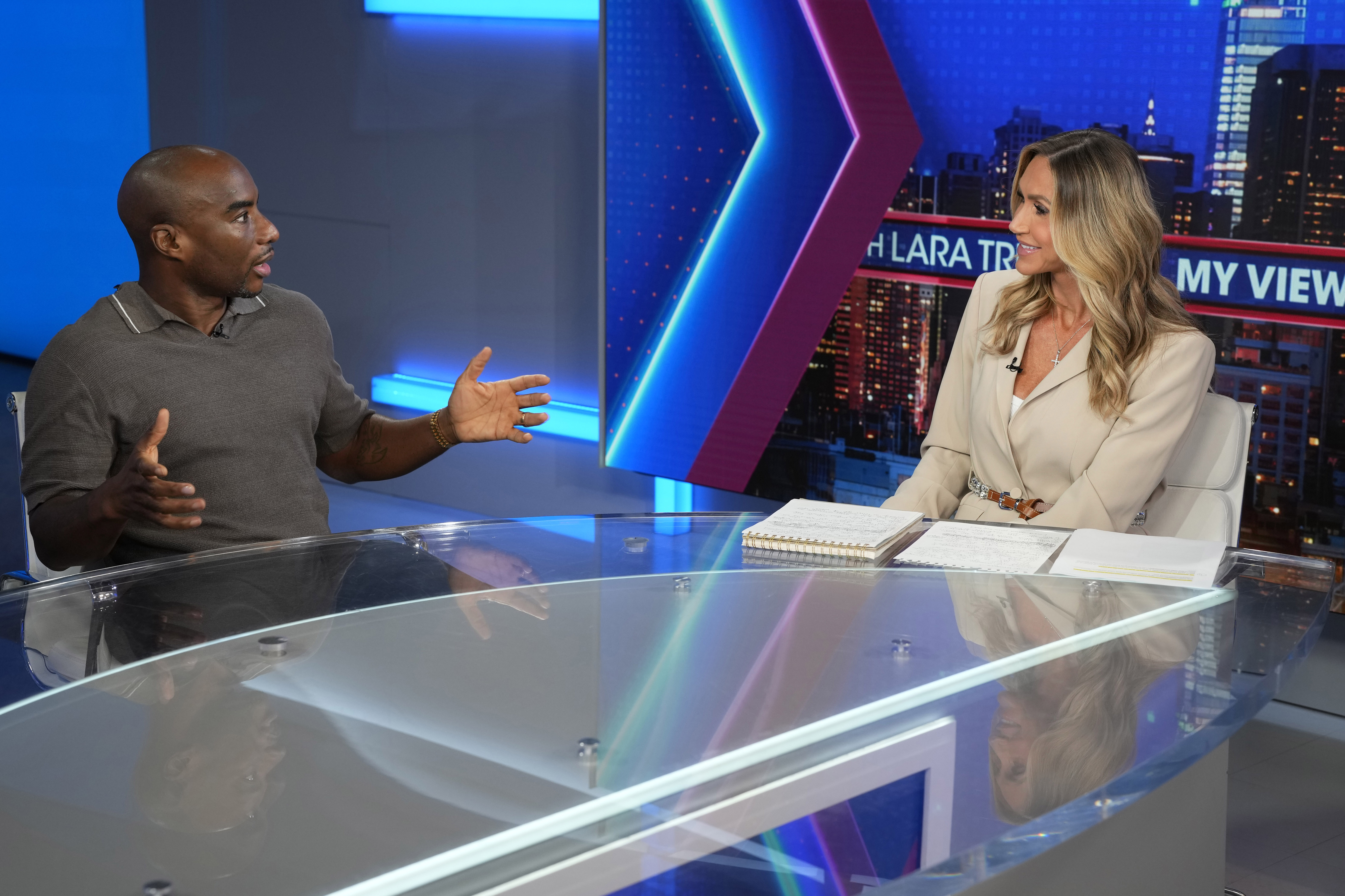 Lara Trump, host of FOX News Channel's "My View with Lara Trump," right, interviews Charlamagne tha God on Thursday, July 31, 2025, in New York. (Photo by Charles Sykes/Invision/AP)