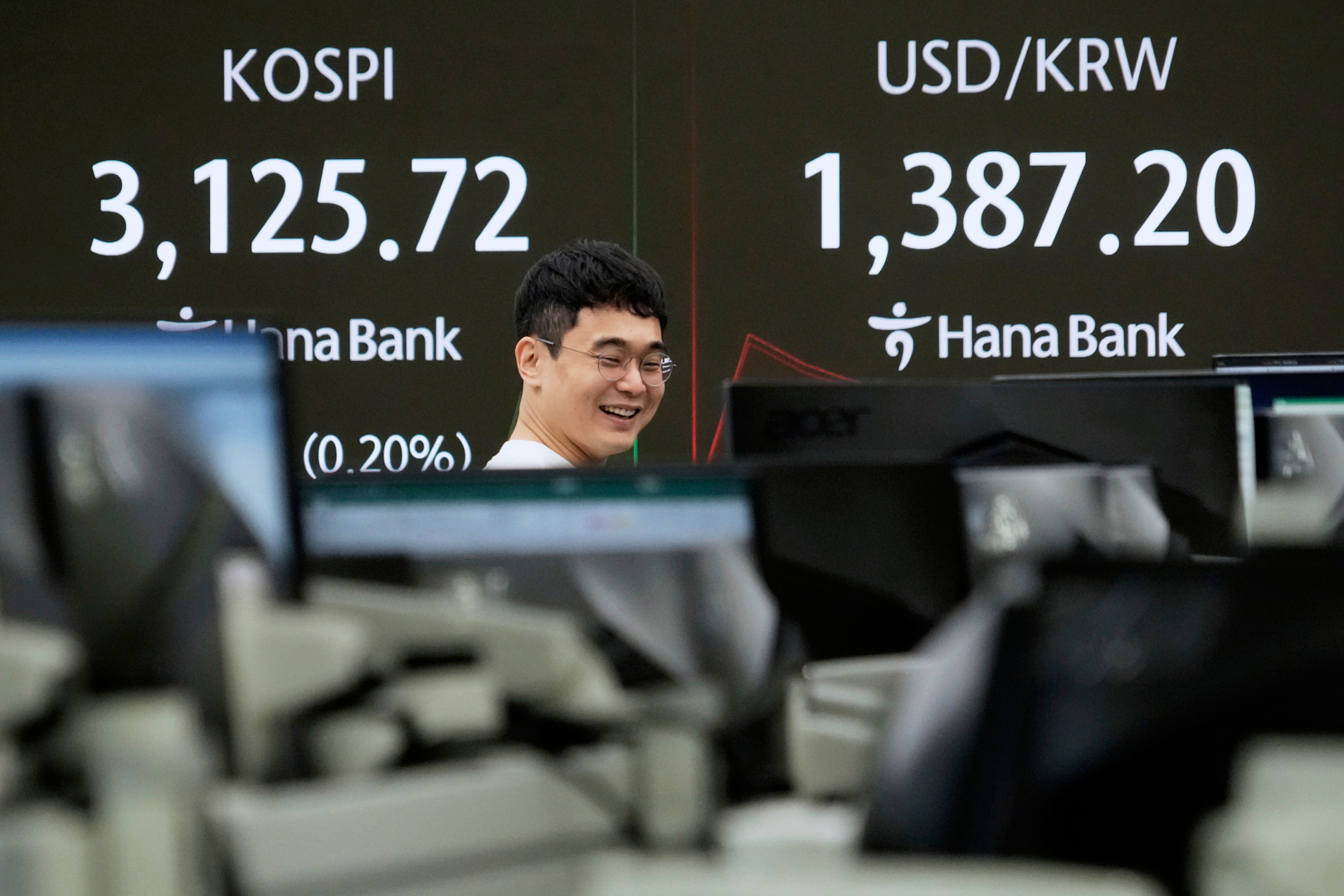 A currency trader smiles near a screen showing the Korea Composite Stock Price Index (KOSPI), left, and the foreign exchange rate between U.S. dollar and South Korean won at the foreign exchange dealing room of the Hana Bank headquarters in Seoul, South Korea, Monday, Aug. 4, 2025. (AP Photo/Ahn Young-joon)