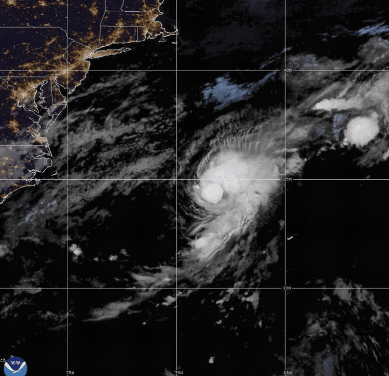 This satellite photo provided by NOAA shows Tropical Storm Dexter in the western Atlantic on Monday, Aug. 4, 2025. (NOAA via AP)