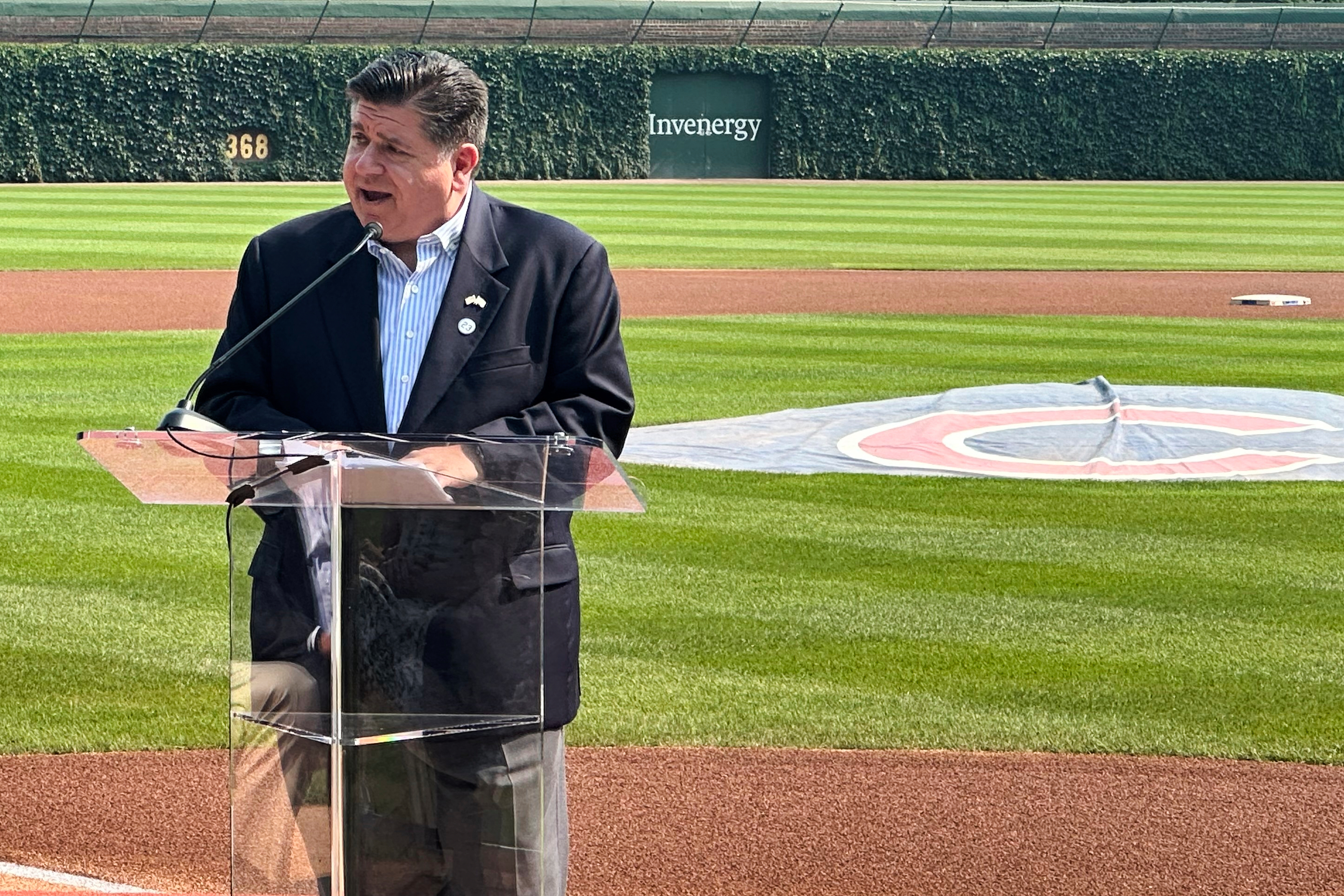 Illinois Gov. JB Pritzker speaks during a baseball news conference, Friday, Aug. 1, 2025, in Chicago, announcing that the Chicago Cubs' Wrigley Field will host the 2027 All-Star Game. (AP Photo/Andrew Seligman)