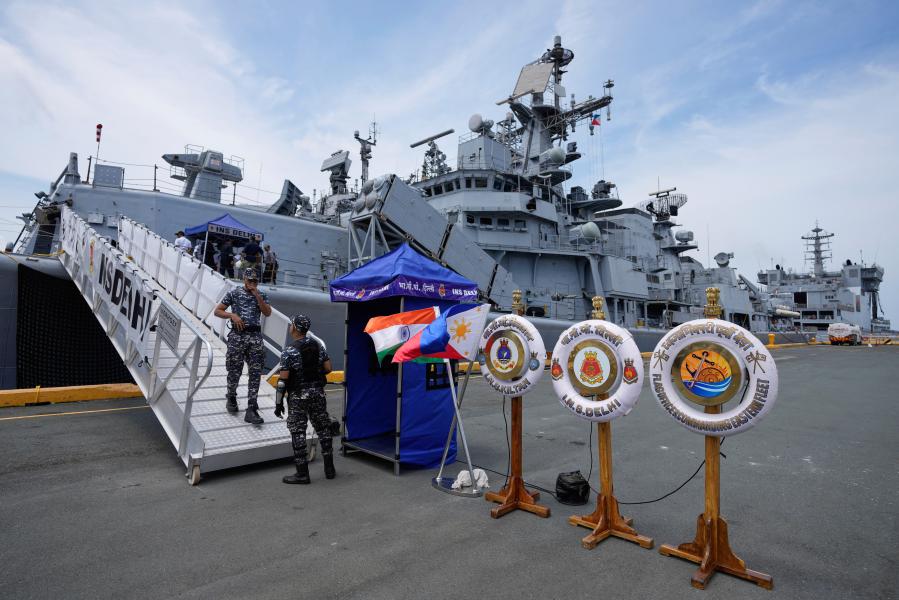 A crew disembarks the Indian navy ship guided-missile destroyer, INS Delhi, that is docked at Manila's port, Philippines, on Friday, Aug. 1, 2025. (AP Photo/Aaron Favila)