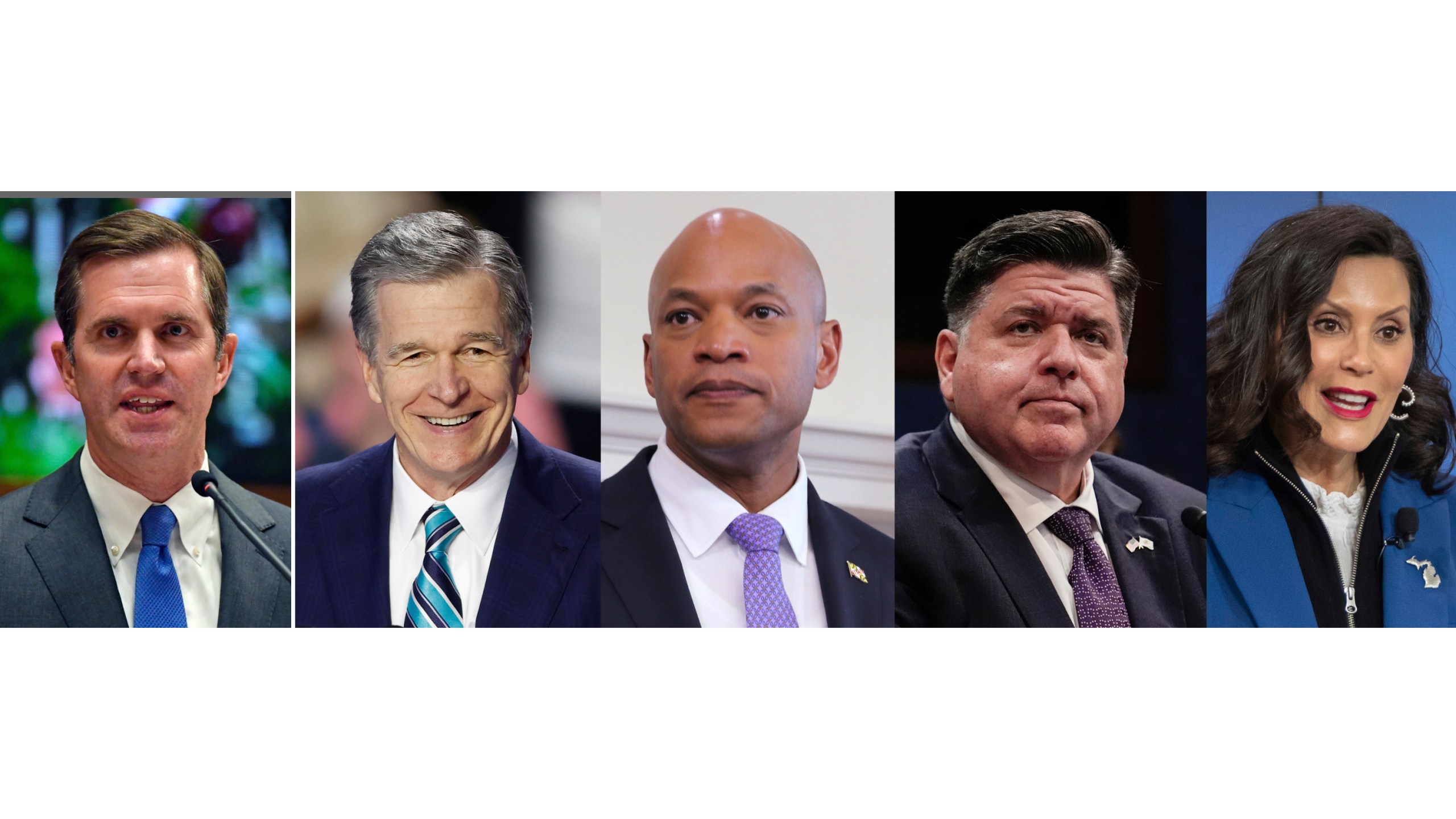This combination of photos shows Kentucky Gov. Andy Beshear in Frankfort, Ky., Jan. 8, 2025, from left, North Carolina Gov. Roy Cooper in Charlotte, N.C., Sept. 12, 2024, Maryland Gov. Wes Moore in Annapolis, Md., May 15, 2025, Illinois Gov. JB Pritzker in Washington, June 12, 2025, and Michigan Gov. Gretchen Whitmer in Washington, April 9, 2025. (AP Photo)
