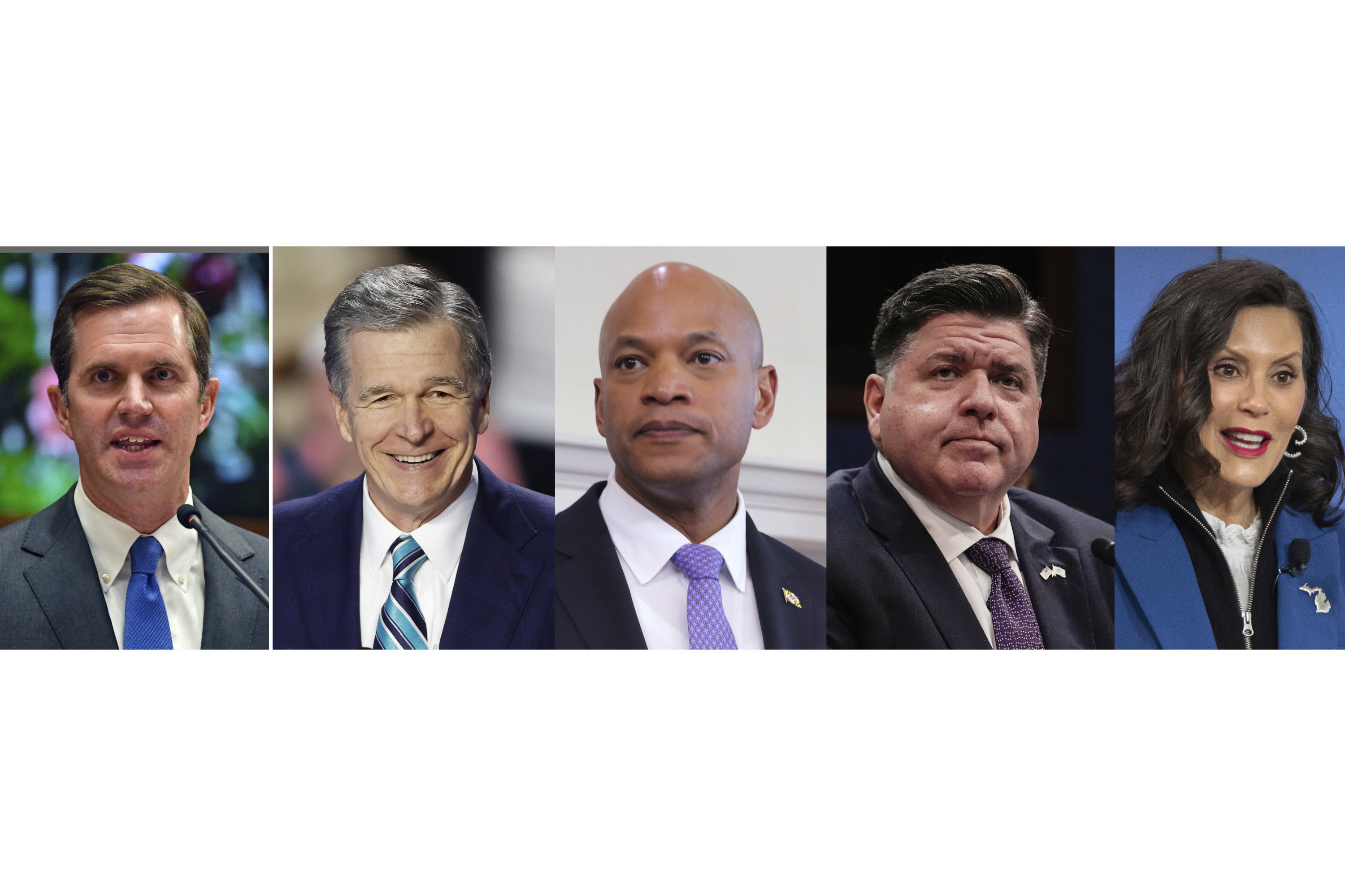 This combination of photos shows Kentucky Gov. Andy Beshear in Frankfort, Ky., Jan. 8, 2025, from left, North Carolina Gov. Roy Cooper in Charlotte, N.C., Sept. 12, 2024, Maryland Gov. Wes Moore in Annapolis, Md., May 15, 2025, Illinois Gov. JB Pritzker in Washington, June 12, 2025, and Michigan Gov. Gretchen Whitmer in Washington, April 9, 2025. (AP Photo)