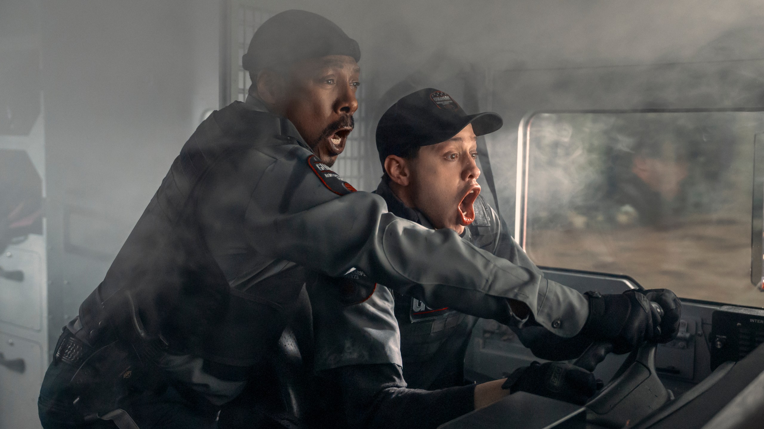 This image released by Prime Video shows Eddie Murphy, left, and Pete Davidson in a scene from "The Pickup." (Prime Video via AP)