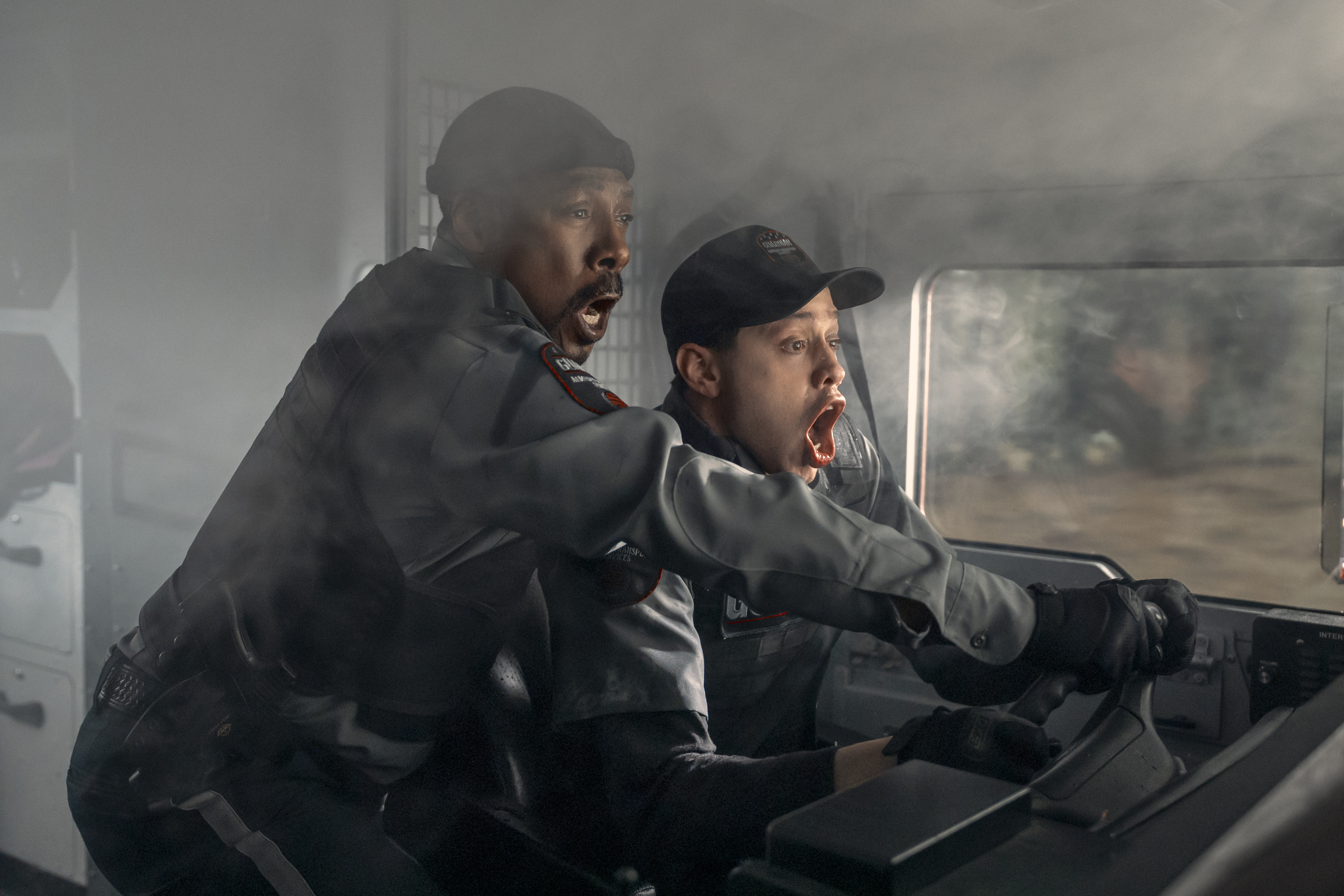 This image released by Prime Video shows Eddie Murphy, left, and Pete Davidson in a scene from "The Pickup." (Prime Video via AP)