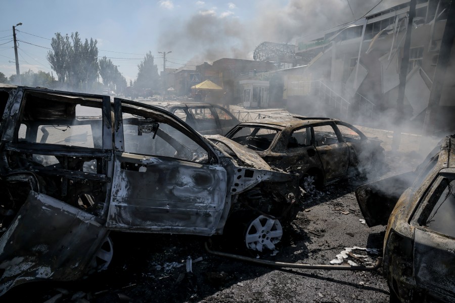 In this photo provided by Ukraine's 24th Mechanized Brigade press service, smoke rises after a Russian drone hit the market in the town of Druzhkivka, Donetsk region, Ukraine, Saturday, Aug. 2, 2025, (Oleg Petrasiuk/Ukraine's 24th Mechanized Brigade via AP)
