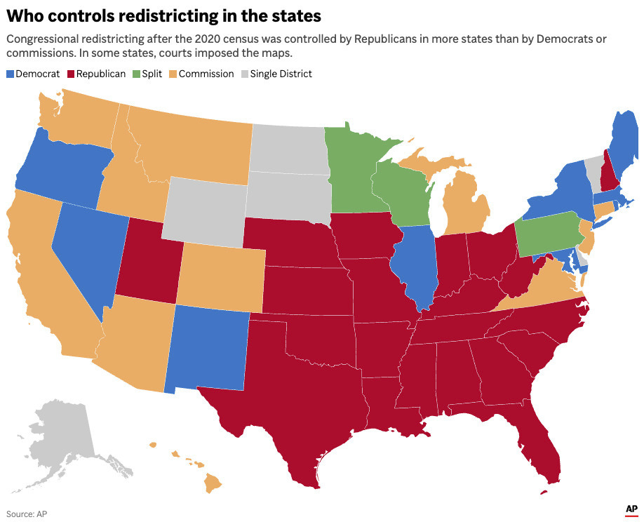 A U.S. map showing who controls redistricting in each state. (AP Digital Embed)
