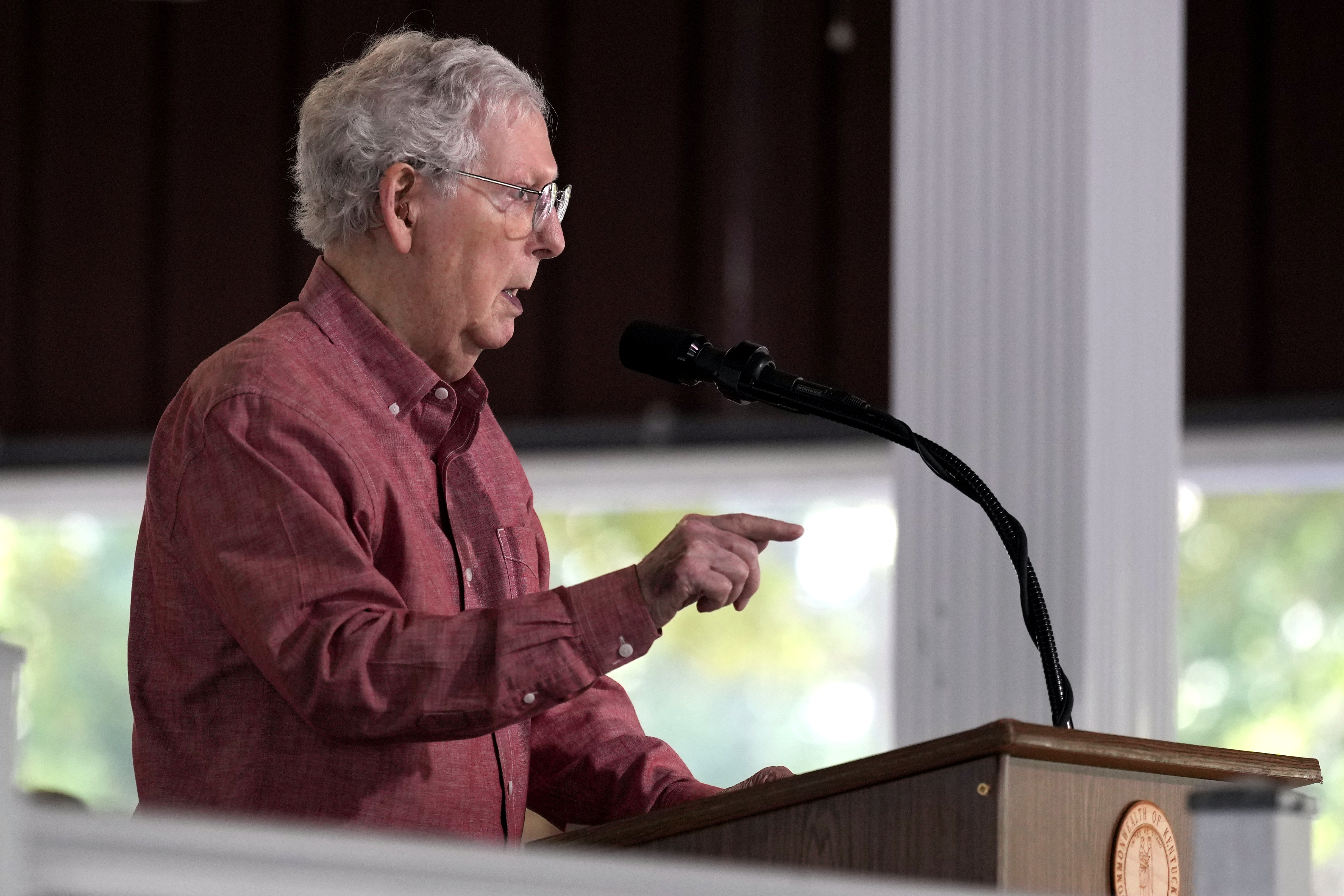 Sen. Mitch McConnell, R-Ky., speaks at the annual Fancy Farm picnic Saturday, Aug. 2, 2025, in Fancy Farm, Ky. (AP Photo/Mark Humphrey)