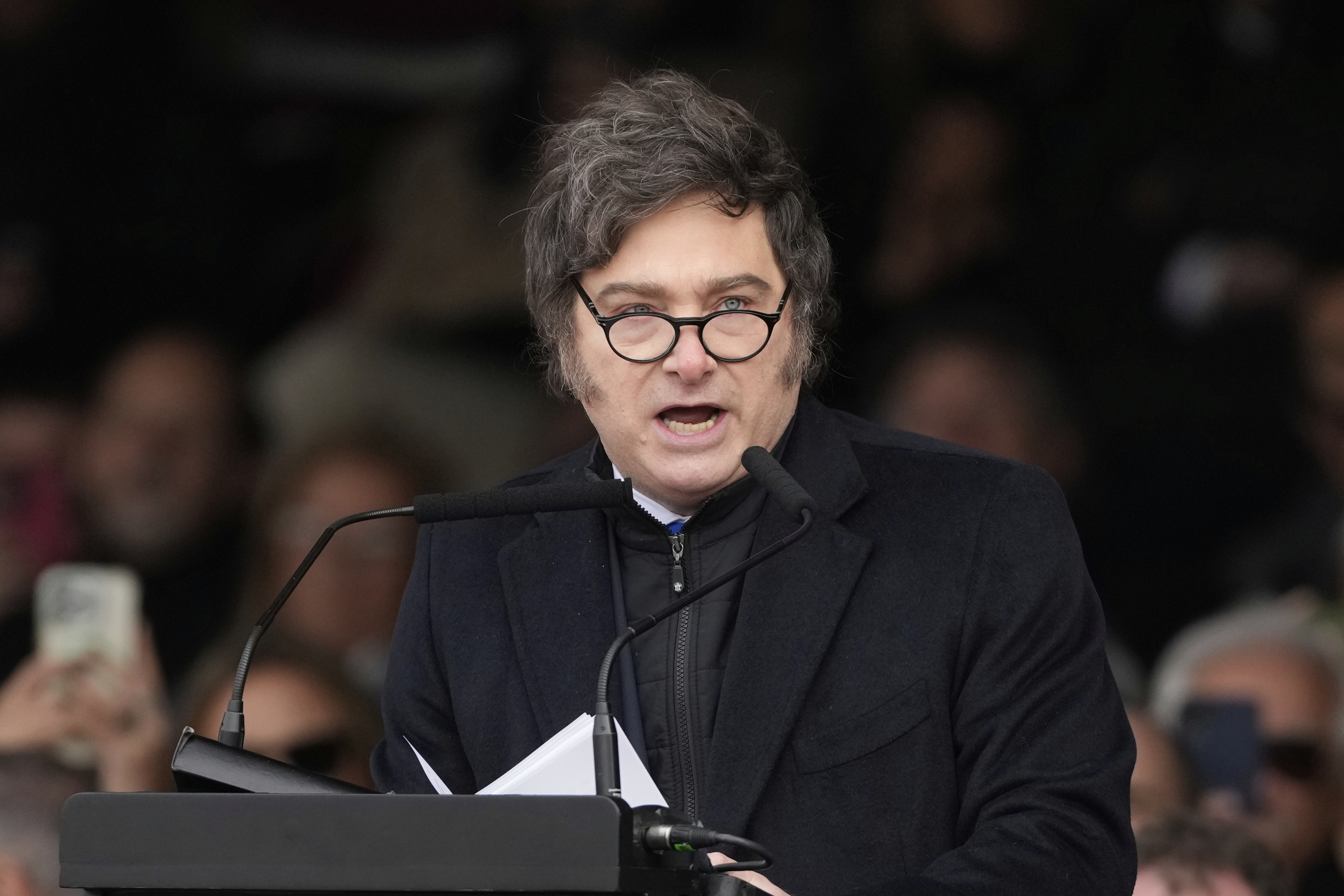 Argentine President Javier Milei speaks during the opening ceremony of the Rural Society's annual exposition, in Buenos Aires, Argentina, Saturday, July 26, 2025. (AP Photo/Gustavo Garello)