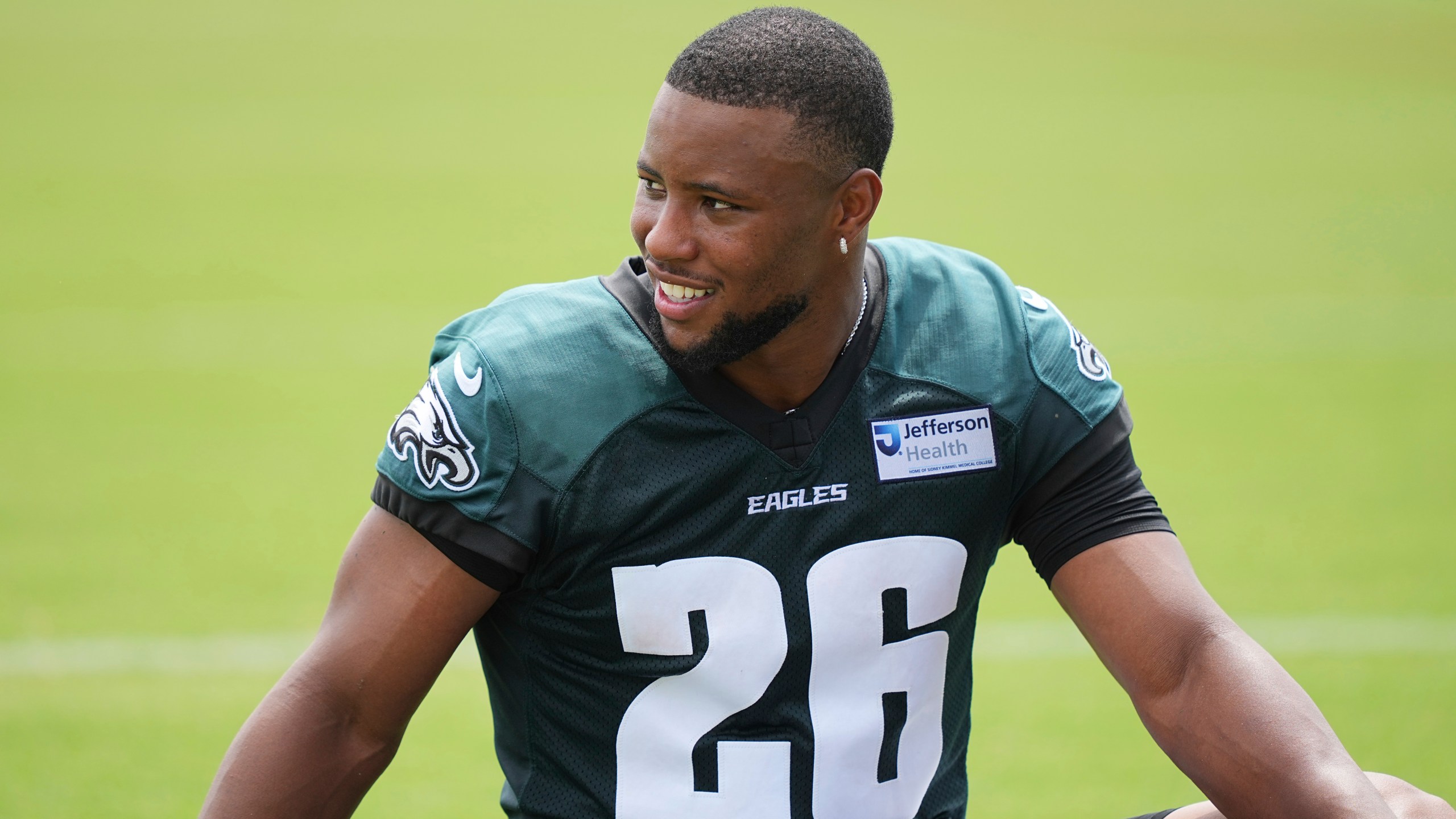 Philadelphia Eagles running back Saquon Barkley speaks waits for his turn to speak at a news conference during the team’s NFL football training camp, Wednesday, July 23, 2025, in Philadelphia. (AP Photo/Matt Rourke)