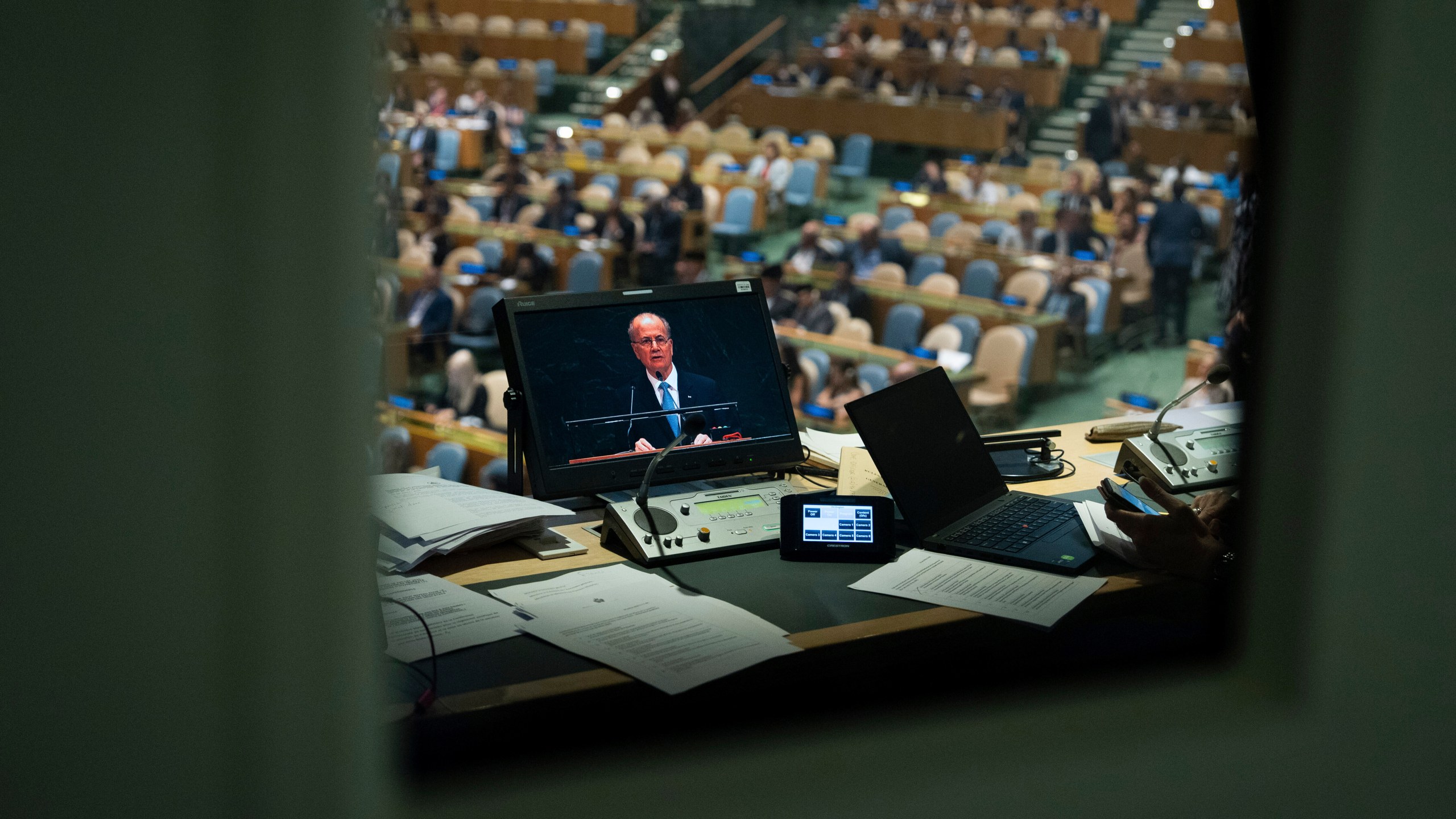 Palestinian Prime Minister Mohammed Mustafa is seen on a interpreter monitor as he speaks during a high-level International Conference for the Peaceful Settlement of the Question of Palestine and the Implementation of the Two-State solution at United Nations Headquarters, Monday, July 28, 2025. (AP Photo/Adam Gray)