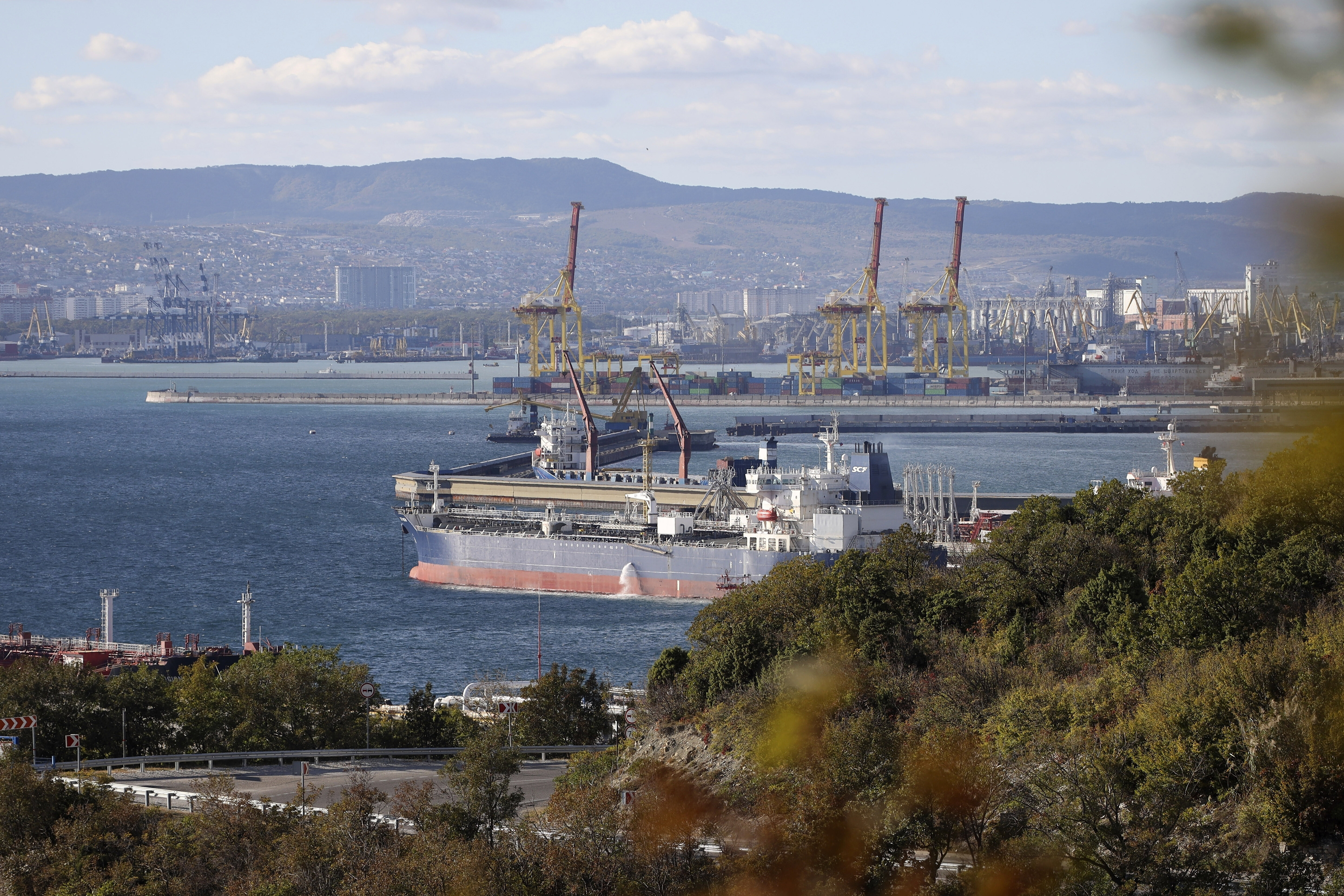 FILE - An oil tanker is moored at the Sheskharis complex, part of Chernomortransneft JSC, a subsidiary of Transneft PJSC, in Novorossiysk, Russia, Tuesday, Oct. 11, 2022, one of the largest facilities for oil and petroleum products in southern Russia. (AP Photo, File)