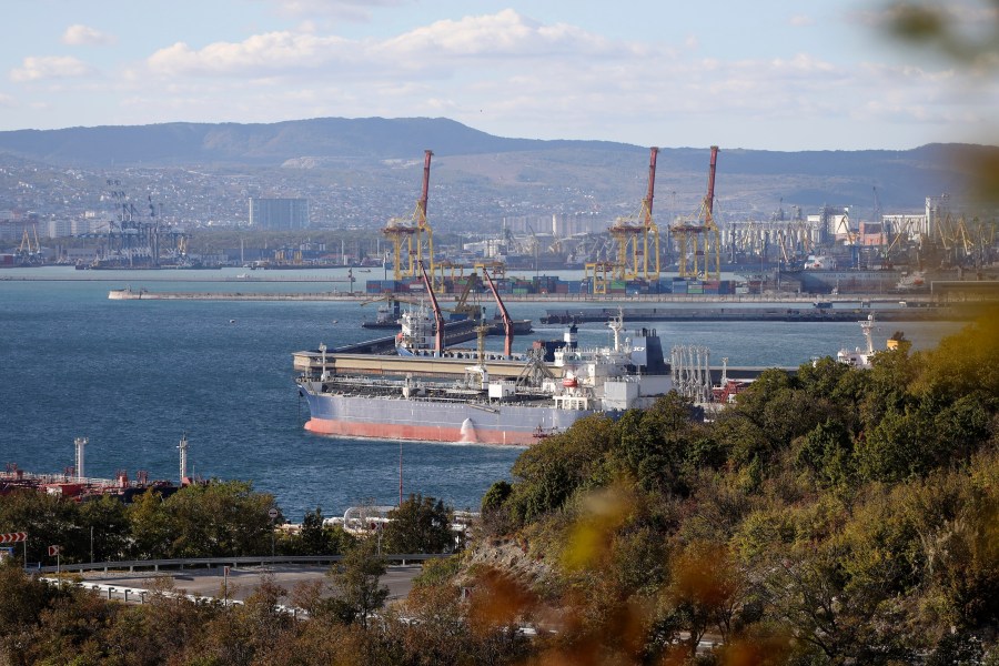 FILE - An oil tanker is moored at the Sheskharis complex, part of Chernomortransneft JSC, a subsidiary of Transneft PJSC, in Novorossiysk, Russia, Tuesday, Oct. 11, 2022, one of the largest facilities for oil and petroleum products in southern Russia. (AP Photo, File)