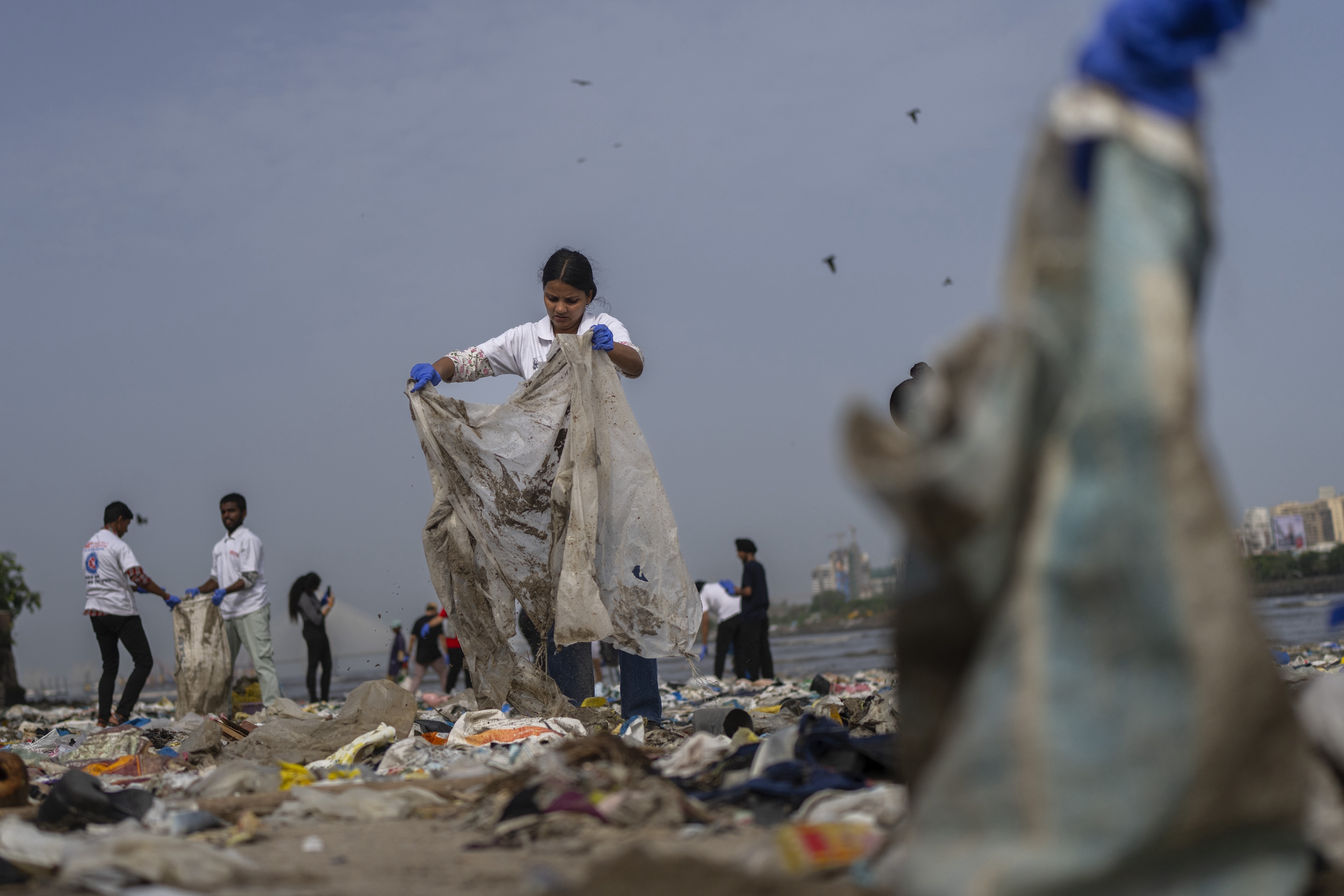 FILE - Volunteers clean up plastic and other waste materials on a beach on the Arabian Sea coast on World Environment Day in Mumbai, India, June 5, 2025. (AP Photo/Rafiq Maqbool, File)