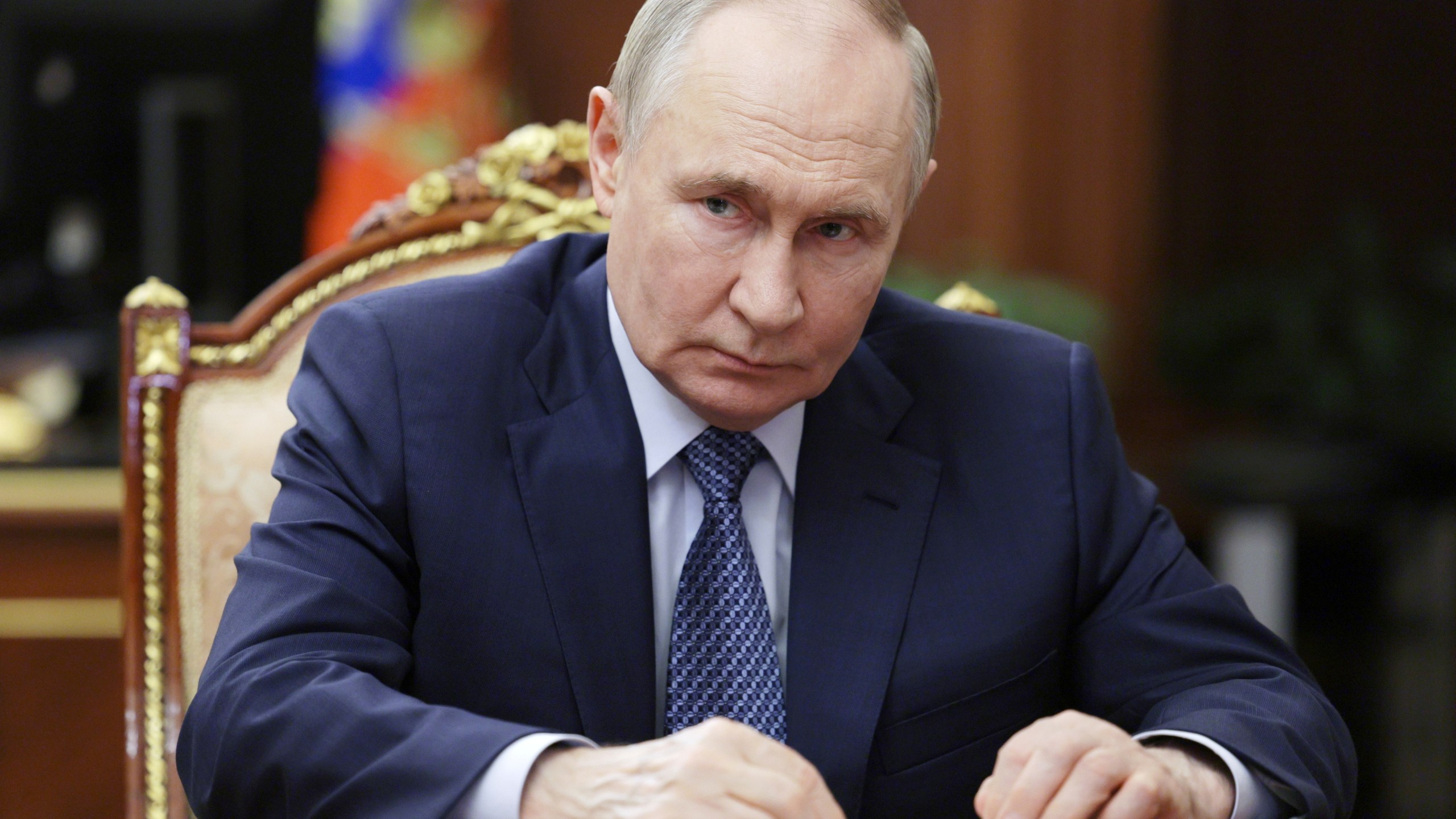 Russian President Vladimir Putin speaks with Igor Shuvalov, the chairman of the Russian state development corporation VEB.RF, during their meeting at the Kremlin in Moscow, Russia, Tuesday, Aug. 5, 2025. (Mikhail Metzel, Sputnik, Kremlin Pool Photo via AP)