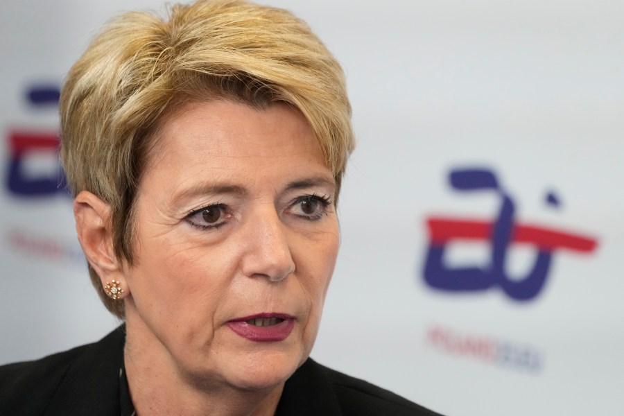 FILE - Swiss federal president Karin Keller-Sutter attends the Informal Meeting of EU Ministers for Economic and Financial Affairs and Central Bank Governors in Warsaw, Poland, on April 11, 2025. (AP Photo/Czarek Sokolowski, File)