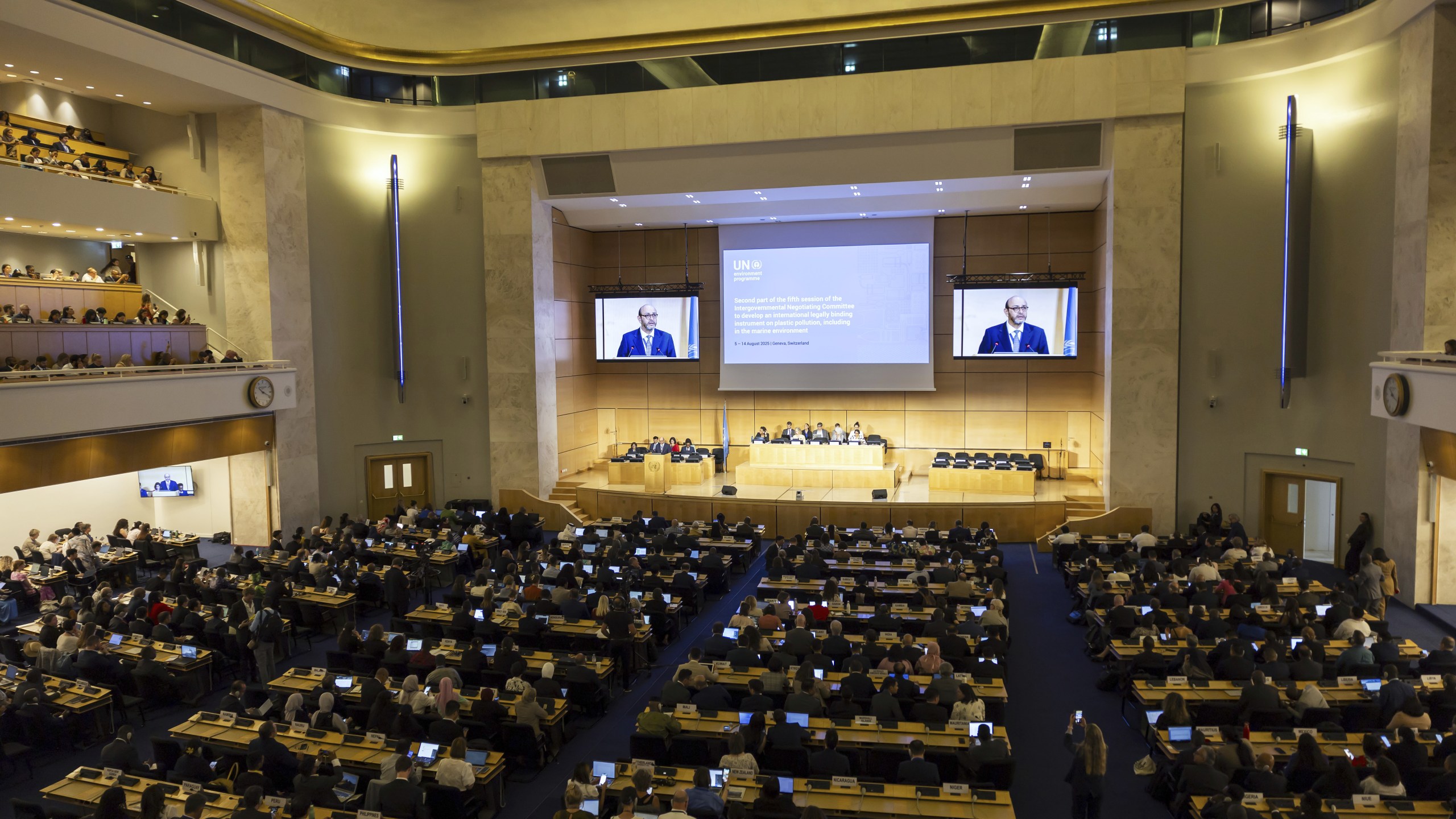Chair of the International Negotiating Committee Luis Vayas Valdivieso delivers his opening remarks, during the second part of the fifth Session of the Intergovernmental Negotiating Committee on Plastic Pollution, at the European headquarters of the United Nations in Geneva, Switzerland, Tuesday, Aug. 5, 2025. (Salvatore Di Nolfi/Keystone via AP)