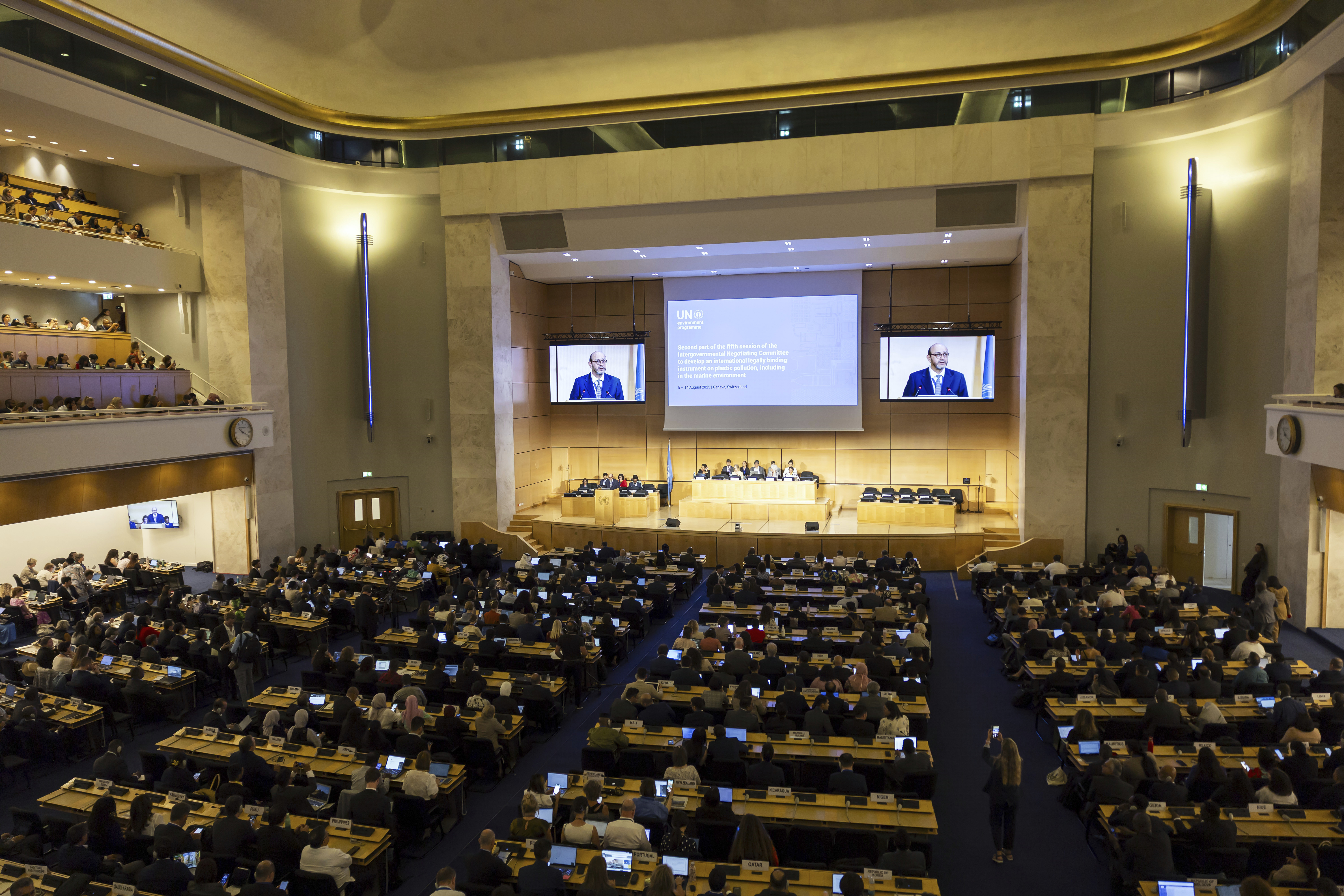 Chair of the International Negotiating Committee Luis Vayas Valdivieso delivers his opening remarks, during the second part of the fifth Session of the Intergovernmental Negotiating Committee on Plastic Pollution, at the European headquarters of the United Nations in Geneva, Switzerland, Tuesday, Aug. 5, 2025. (Salvatore Di Nolfi/Keystone via AP)