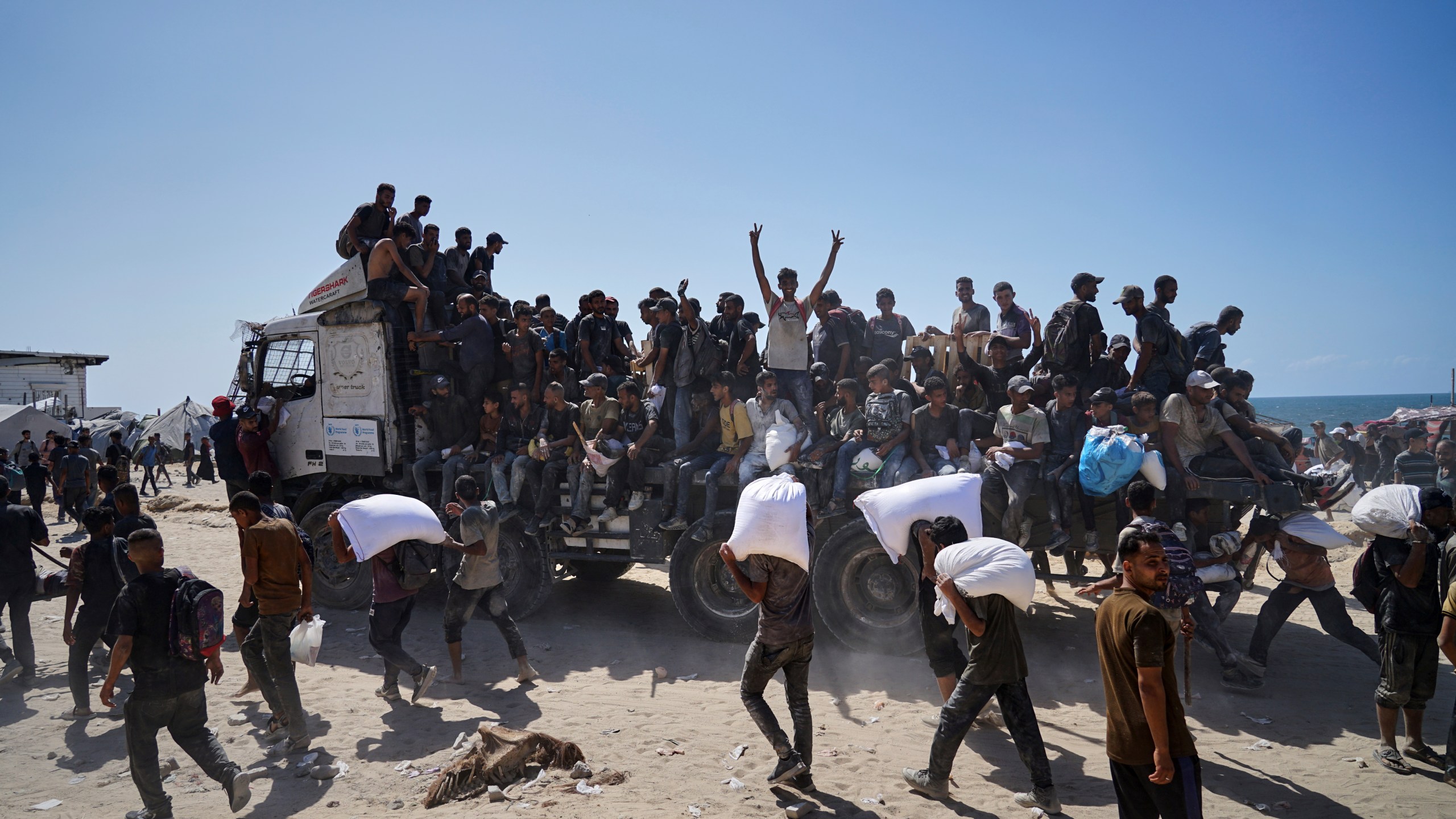 Palestinians carry sacks of flour taken from a humanitarian aid convoy en route to Gaza City, in the outskirts of Beit Lahiya, northern Gaza Strip, Friday, Aug. 1, 2025. (AP Photo/Jehad Alshrafi)