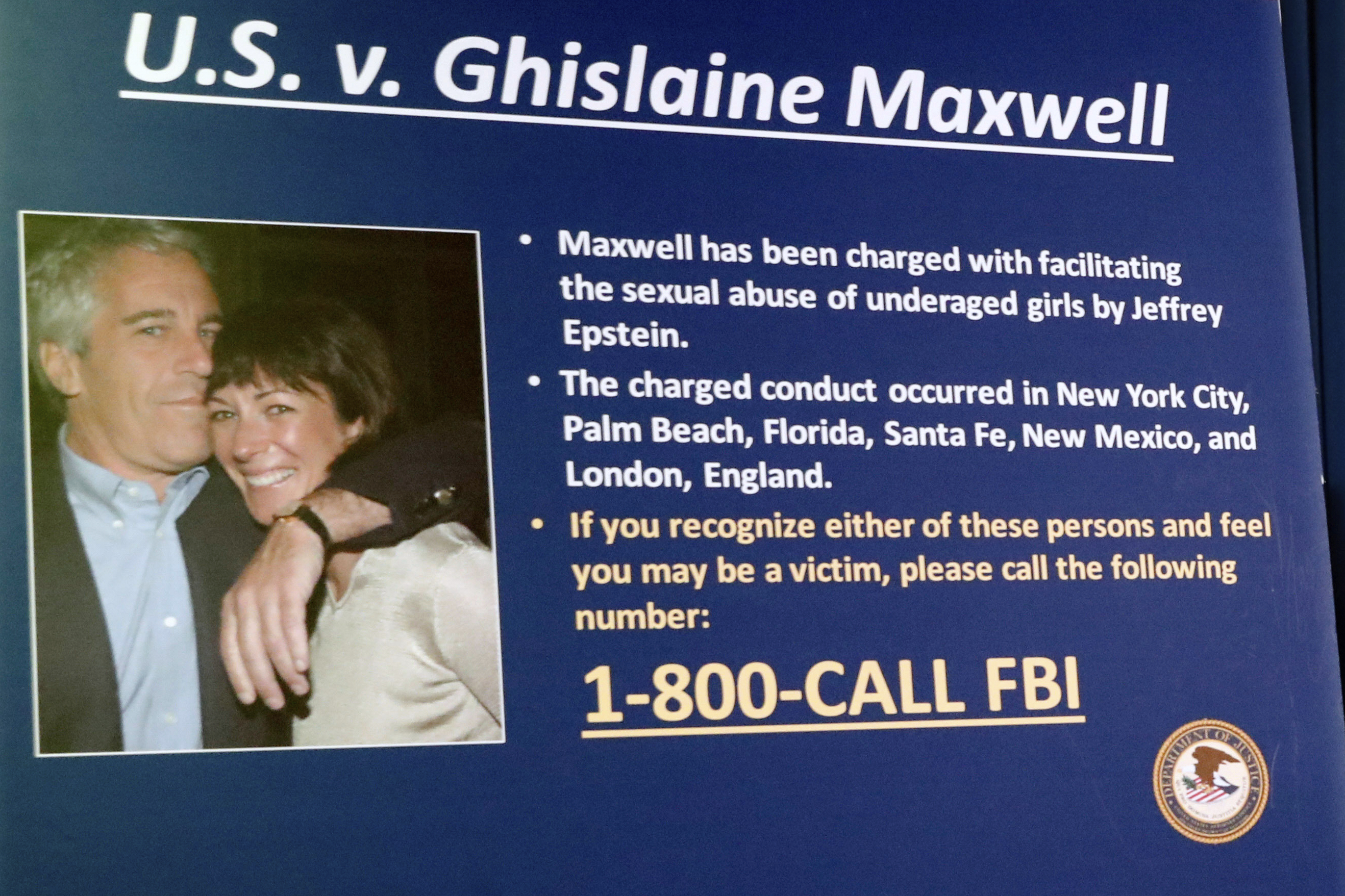 FILE - A board outlining the case against Ghislaine Maxwell is seen during a news conference to announce charges against Maxwell for her alleged role in the sexual exploitation and abuse of multiple minor girls by Jeffrey Epstein, July 2, 2020, in New York. (AP Photo/John Minchillo, File)