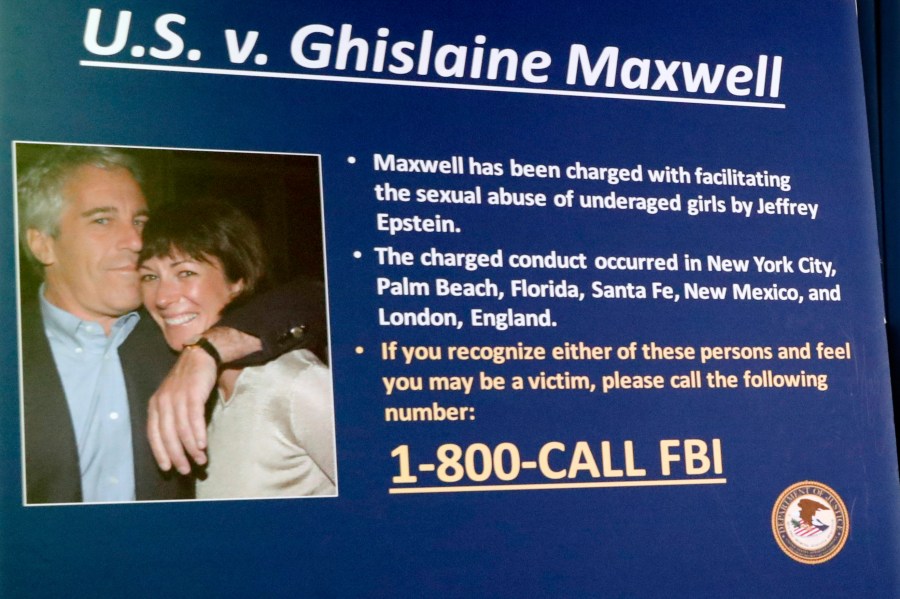 FILE - A board outlining the case against Ghislaine Maxwell is seen during a news conference to announce charges against Maxwell for her alleged role in the sexual exploitation and abuse of multiple minor girls by Jeffrey Epstein, July 2, 2020, in New York. (AP Photo/John Minchillo, File)