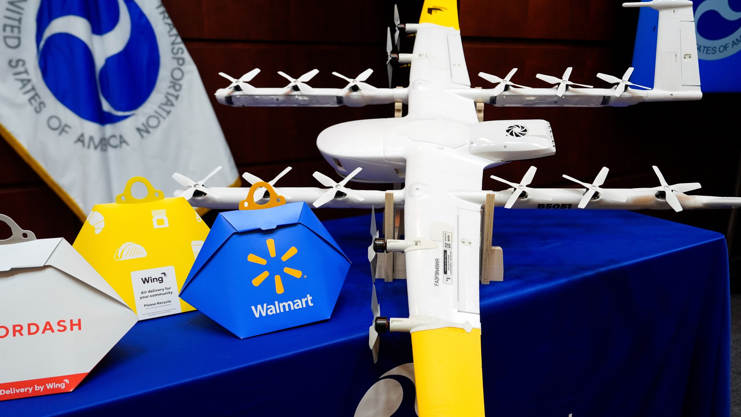 A drone is displayed before a news conference at the Department of Transportation on new drone regulations, Tuesday, Aug. 5, 2025, in Washington. (AP Photo/Julia Demaree Nikhinson)