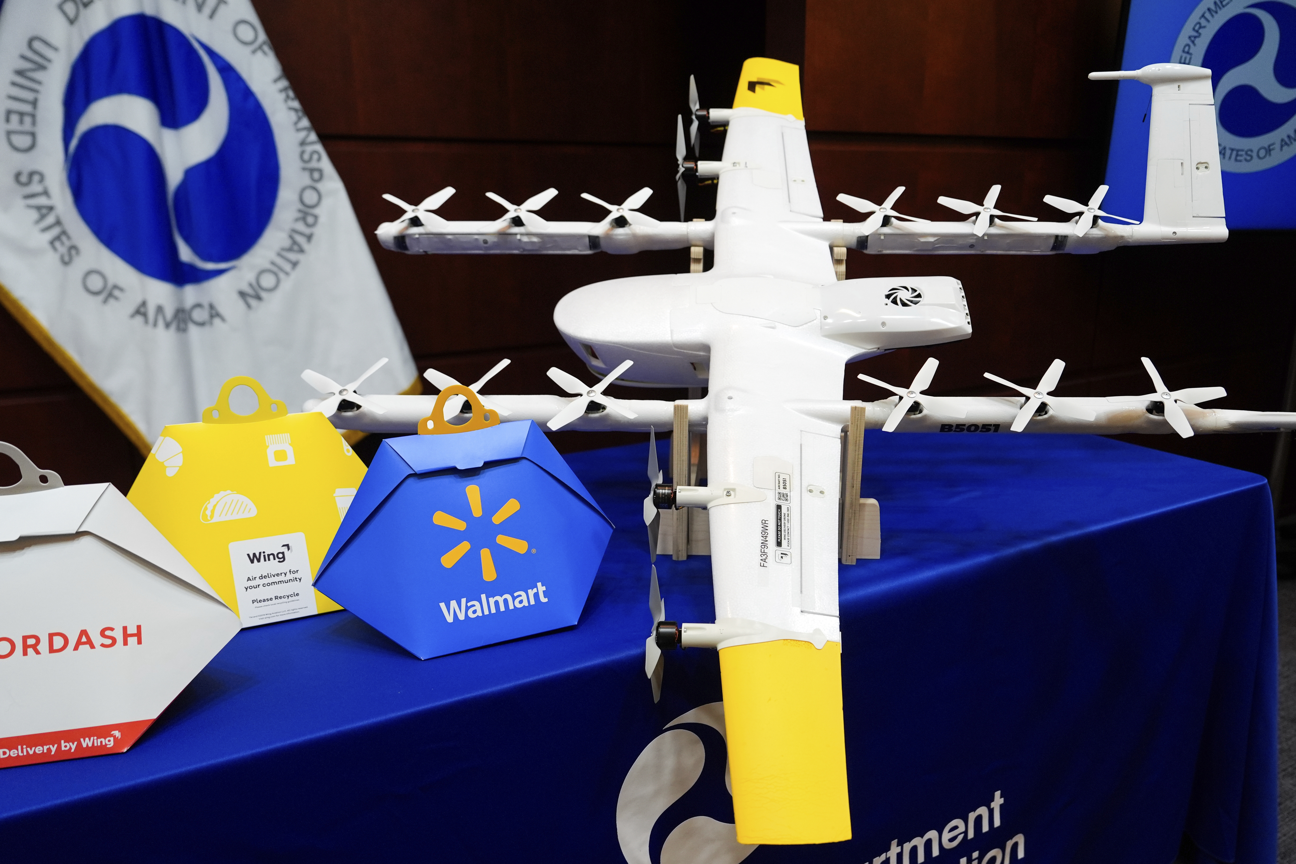 A drone is displayed before a news conference at the Department of Transportation on new drone regulations, Tuesday, Aug. 5, 2025, in Washington. (AP Photo/Julia Demaree Nikhinson)