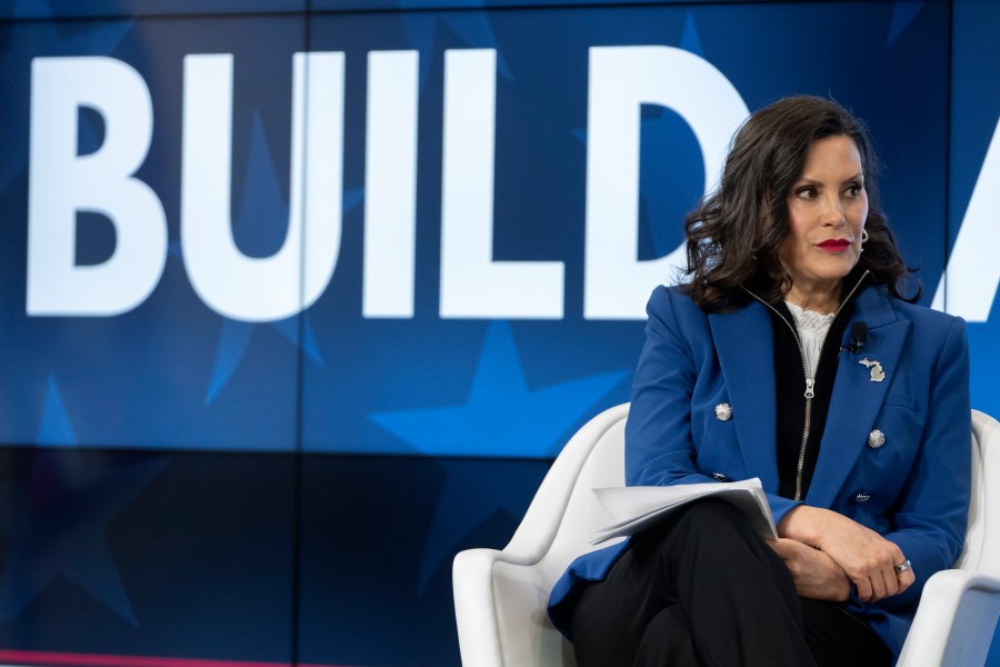 FILE - Michigan Gov. Gretchen Whitmer speaks with former television journalist Gretchen Carlson, not shown, at an event on April 9, 2025, in Washington. (AP Photo/Mark Schiefelbein, File)