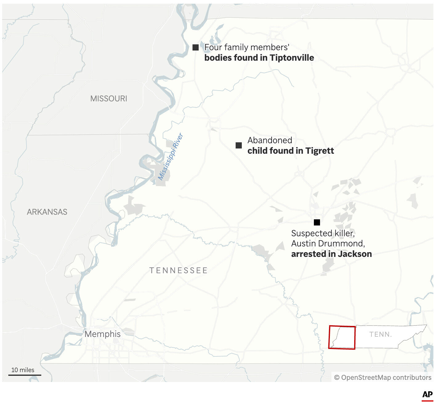 The map above shows key locations in the murder of four family members in western Tennessee. (AP Digital Embed)
