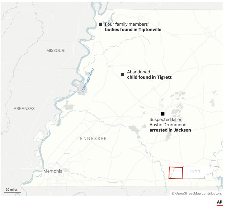 The map above shows key locations in the murder of four family members in western Tennessee. (AP Digital Embed)