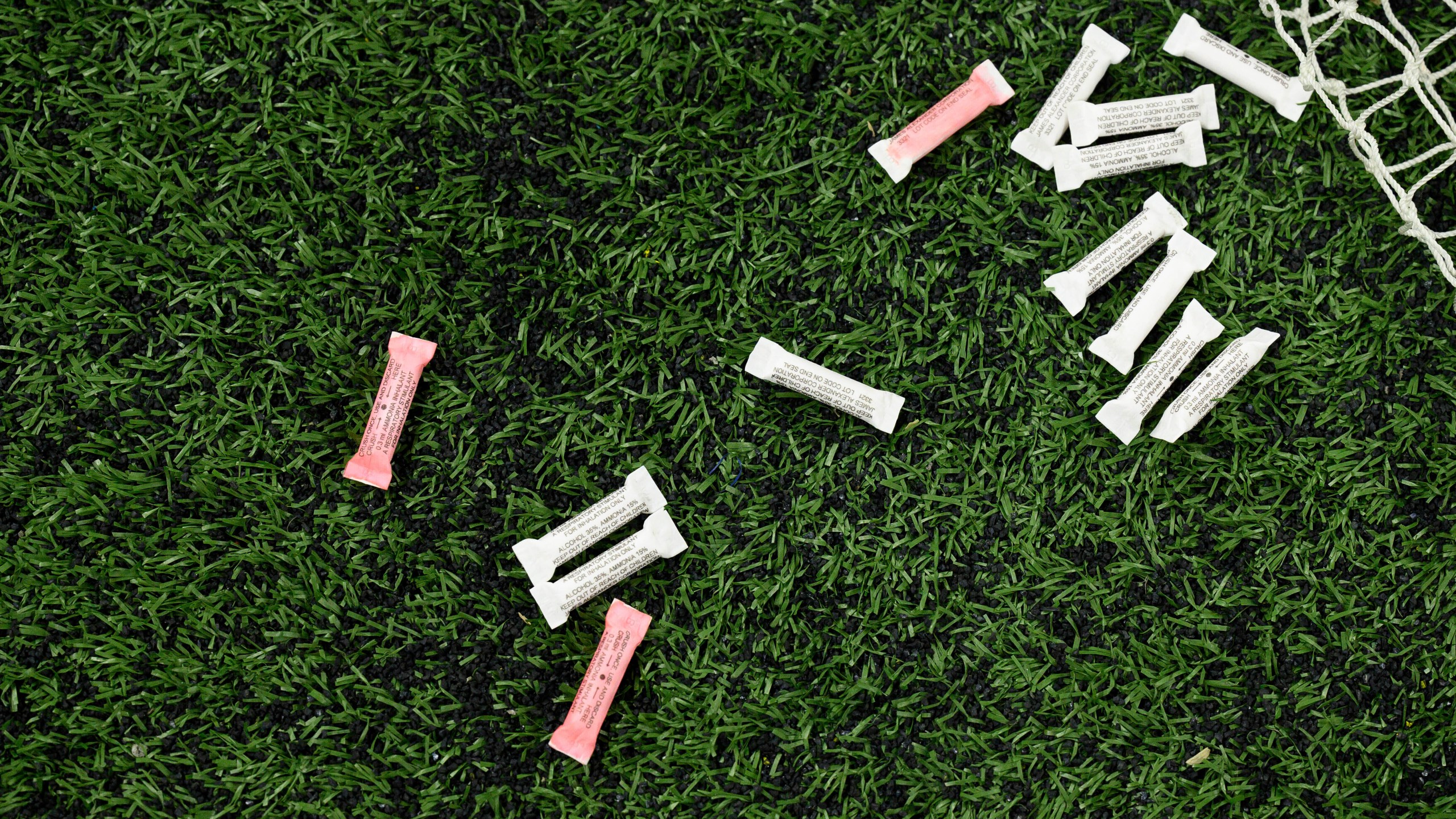 FILE - Smelling salts lay on the sidelines during an NFL football game between the Indianapolis Colts and Pittsburgh Steelers, Dec. 16, 2023, in Indianapolis. (AP Photo/Zach Bolinger, File)