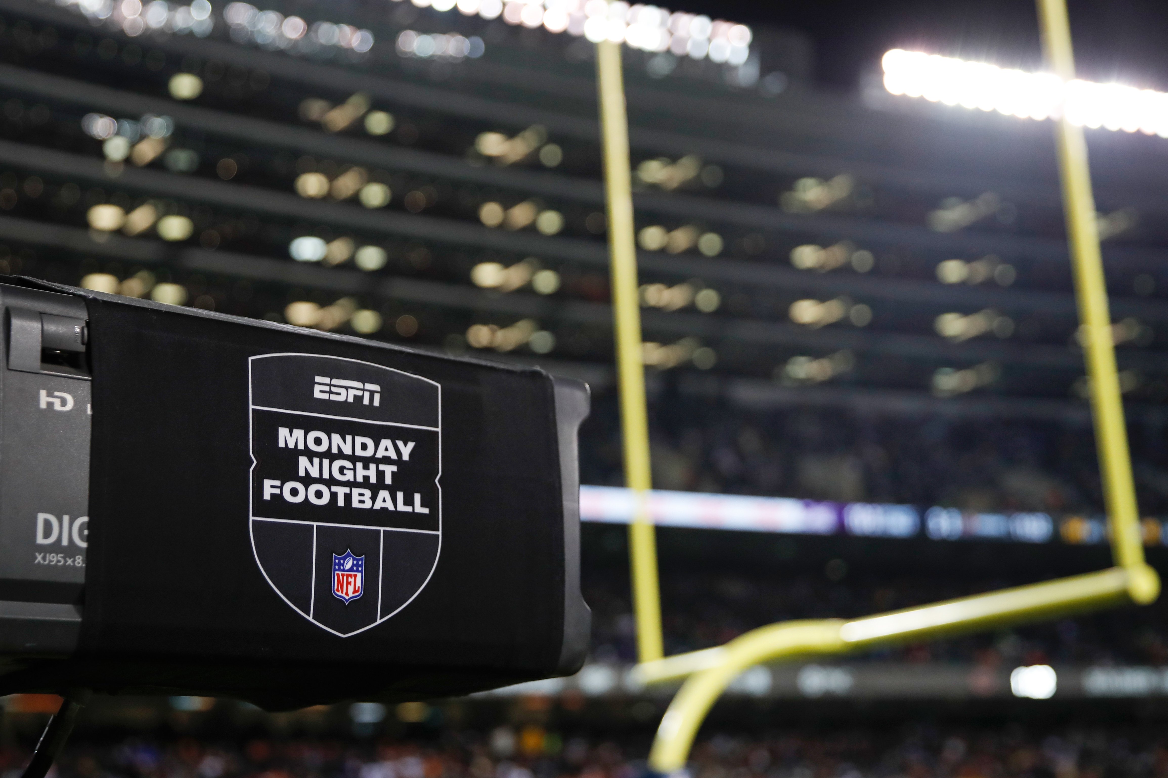 FILE - ESPN Monday Night Football TV camera is seen during the second half of an NFL football game between the Chicago Bears and Minnesota Vikings, Monday, Dec. 20, 2021, in Chicago. (AP Photo/Kamil Krzaczynski, File)