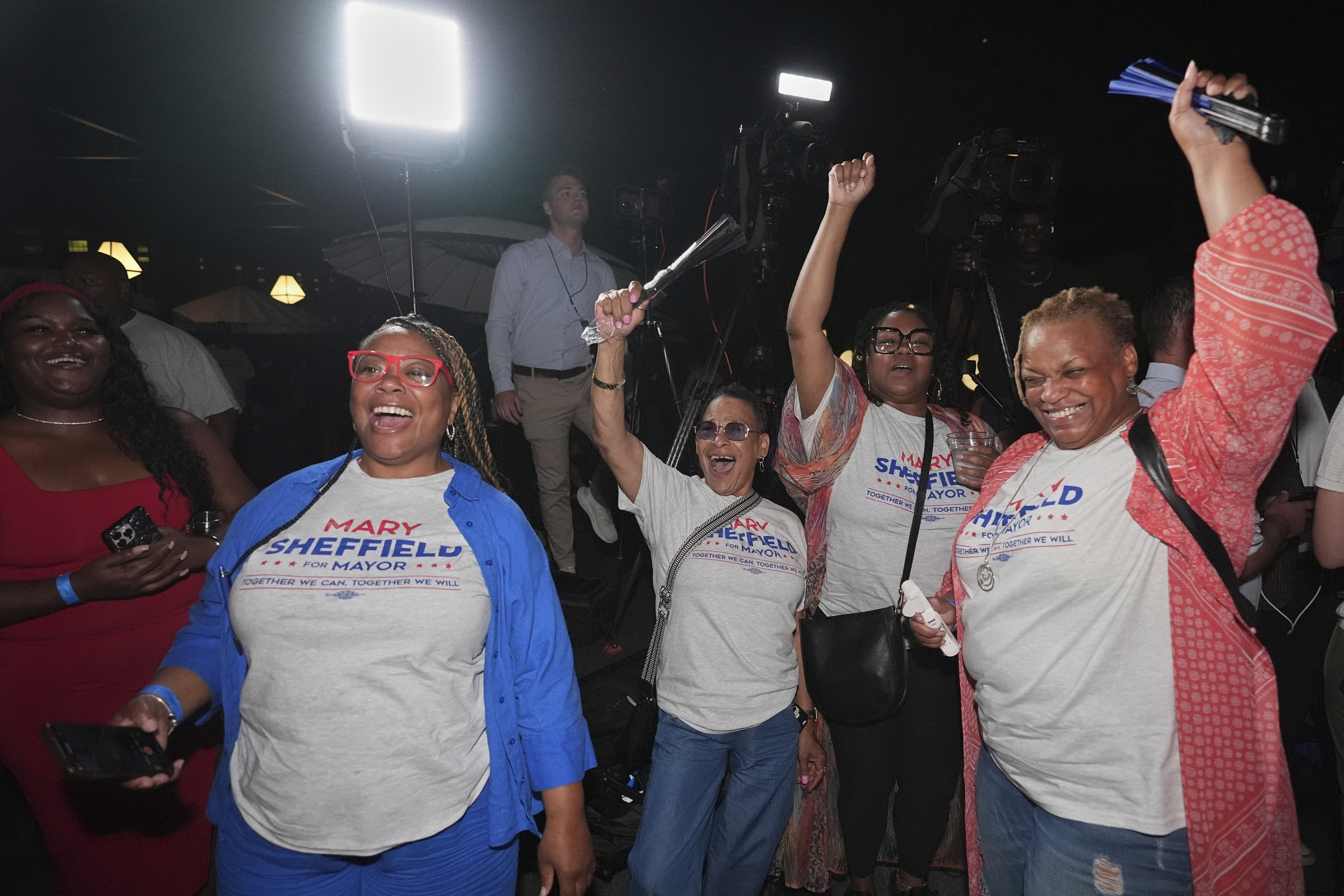Supporters of Detroit mayoral candidate Mary Sheffield cheer at a campaign watch party Tuesday, Aug. 5, 2025, in Detroit. (AP Photo/Ryan Sun)